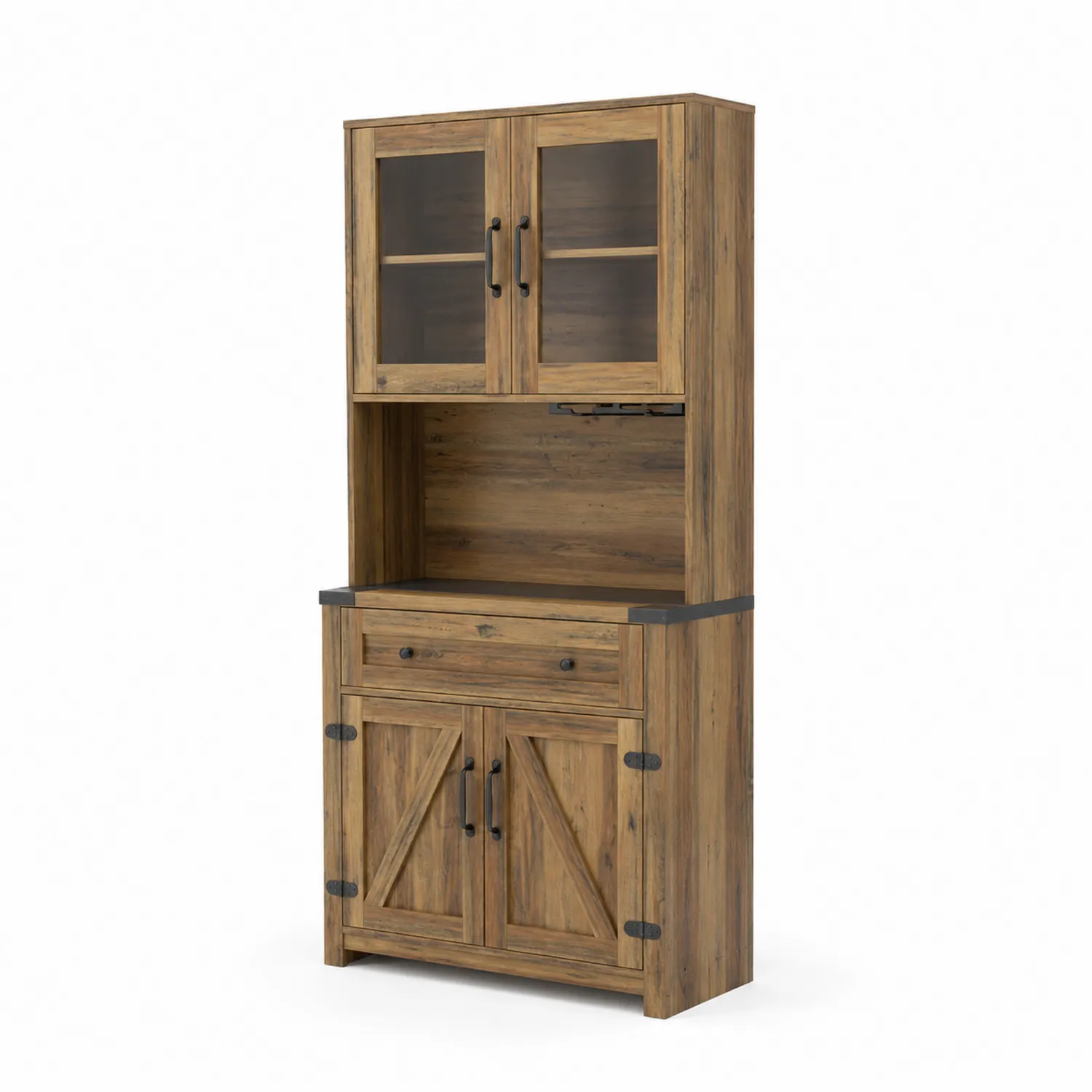 Credenza Alta Legno con Ante in Vetro e Cassetto
