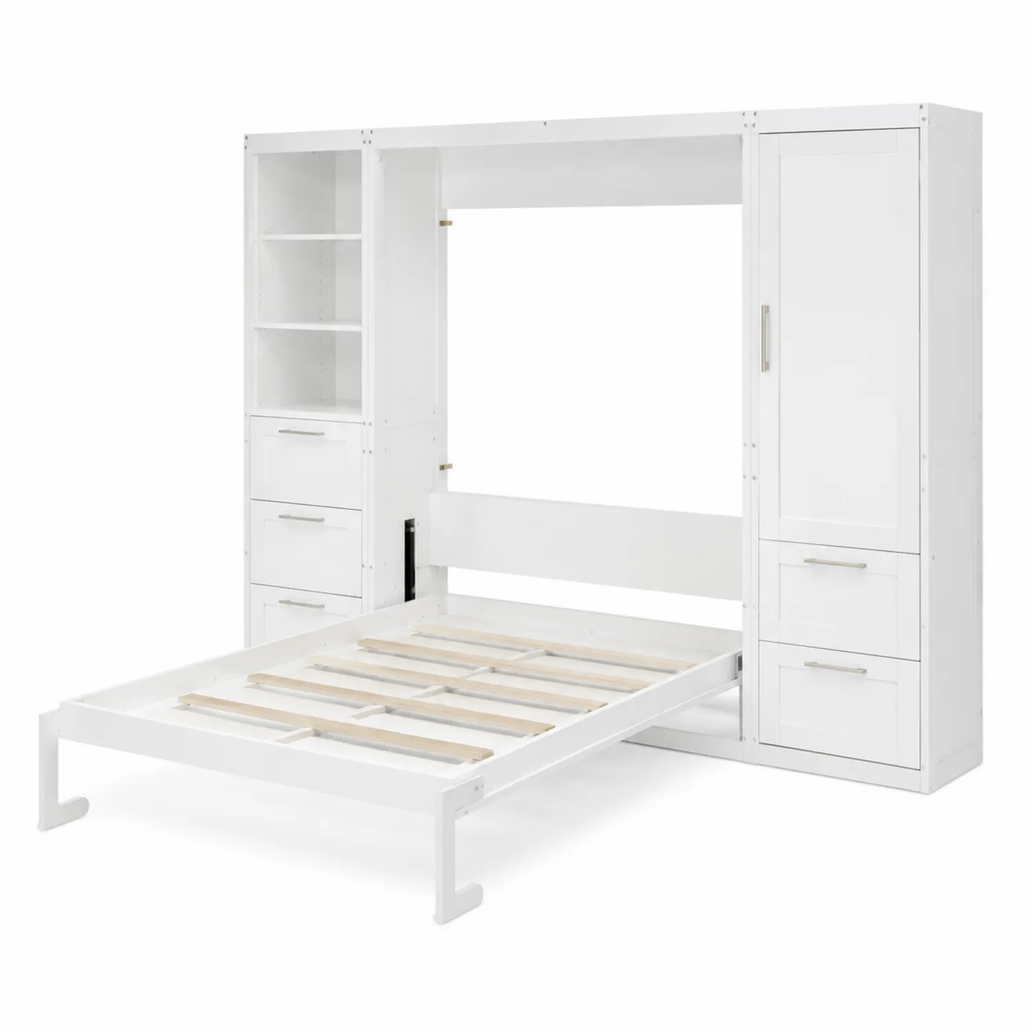Letto a scomparsa in legno bianco con armadio e scaffali