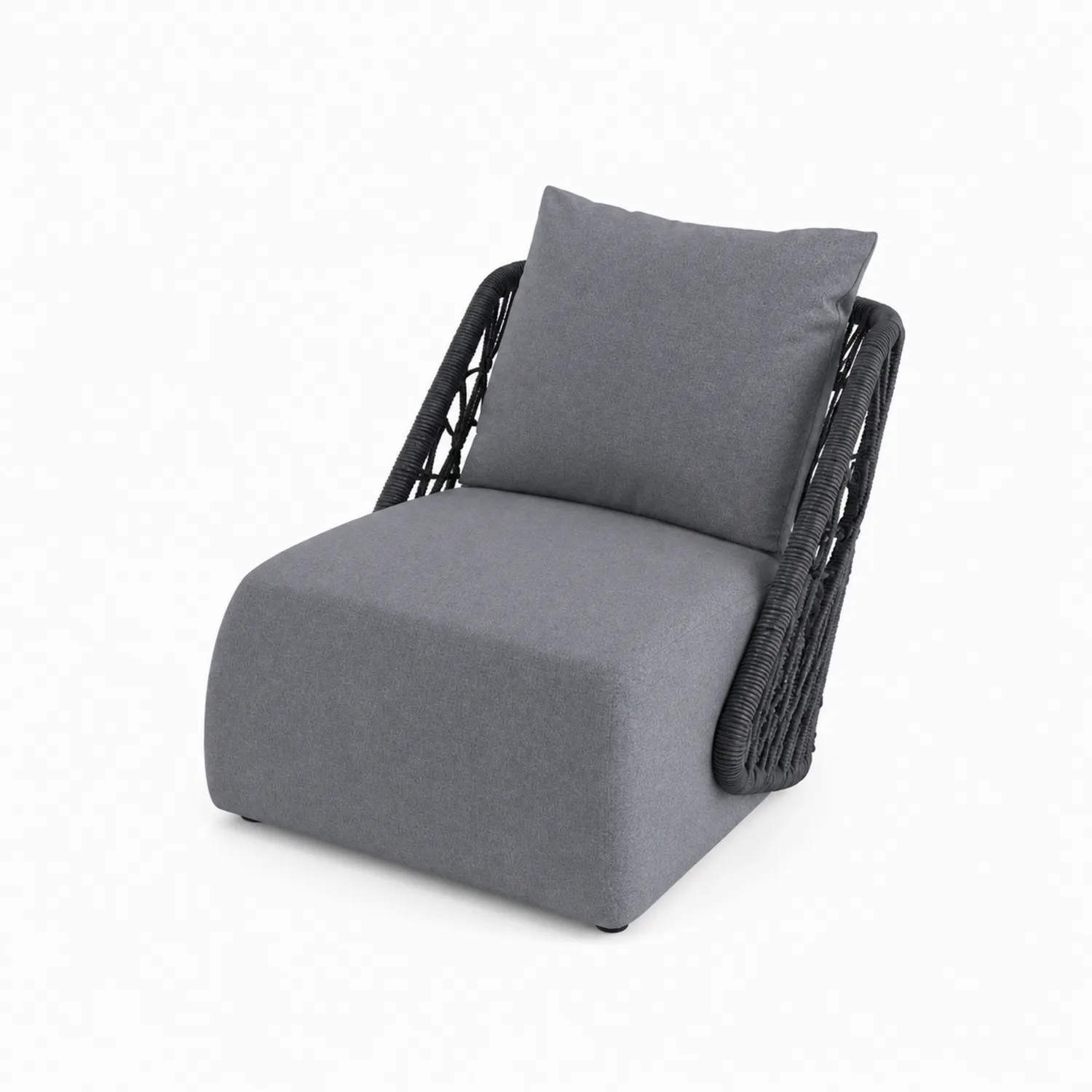 Poltrona in tessuto grigio e rattan sintetico nero