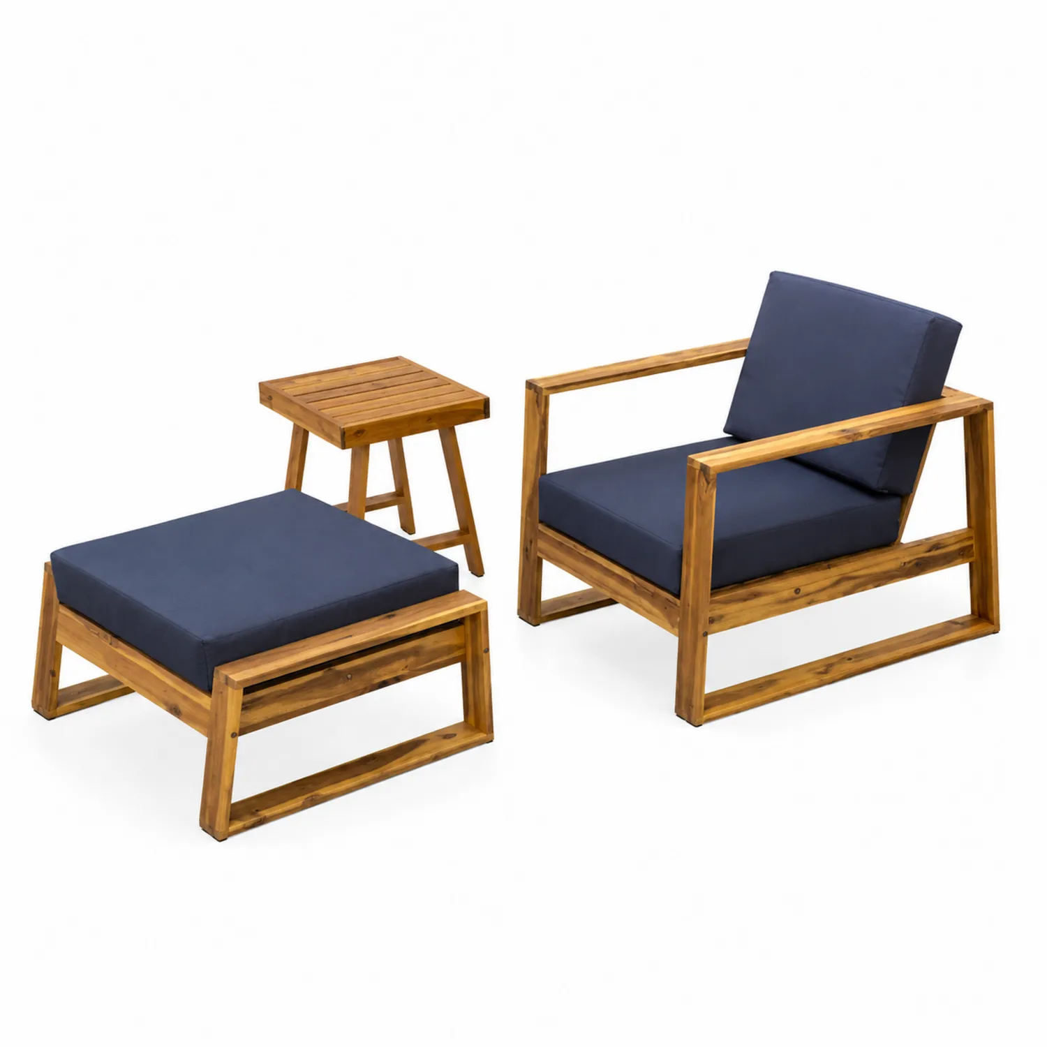 Set Poltrona e Poggiapiedi in Legno di Acacia con Cuscini Blu