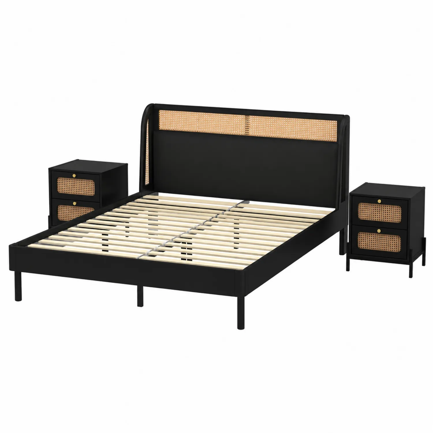 Letto matrimoniale in legno e metallo con testiera in rattan con comodini