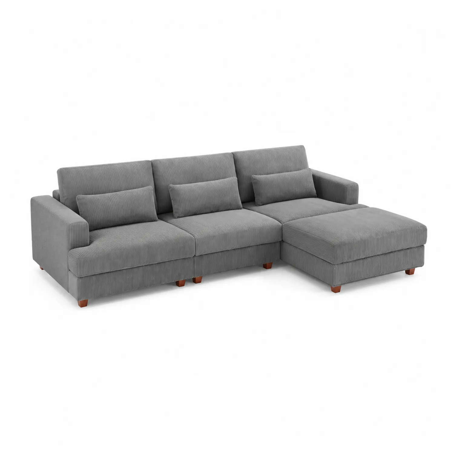 Divano angolare in tessuto a coste grigio con chaise longue