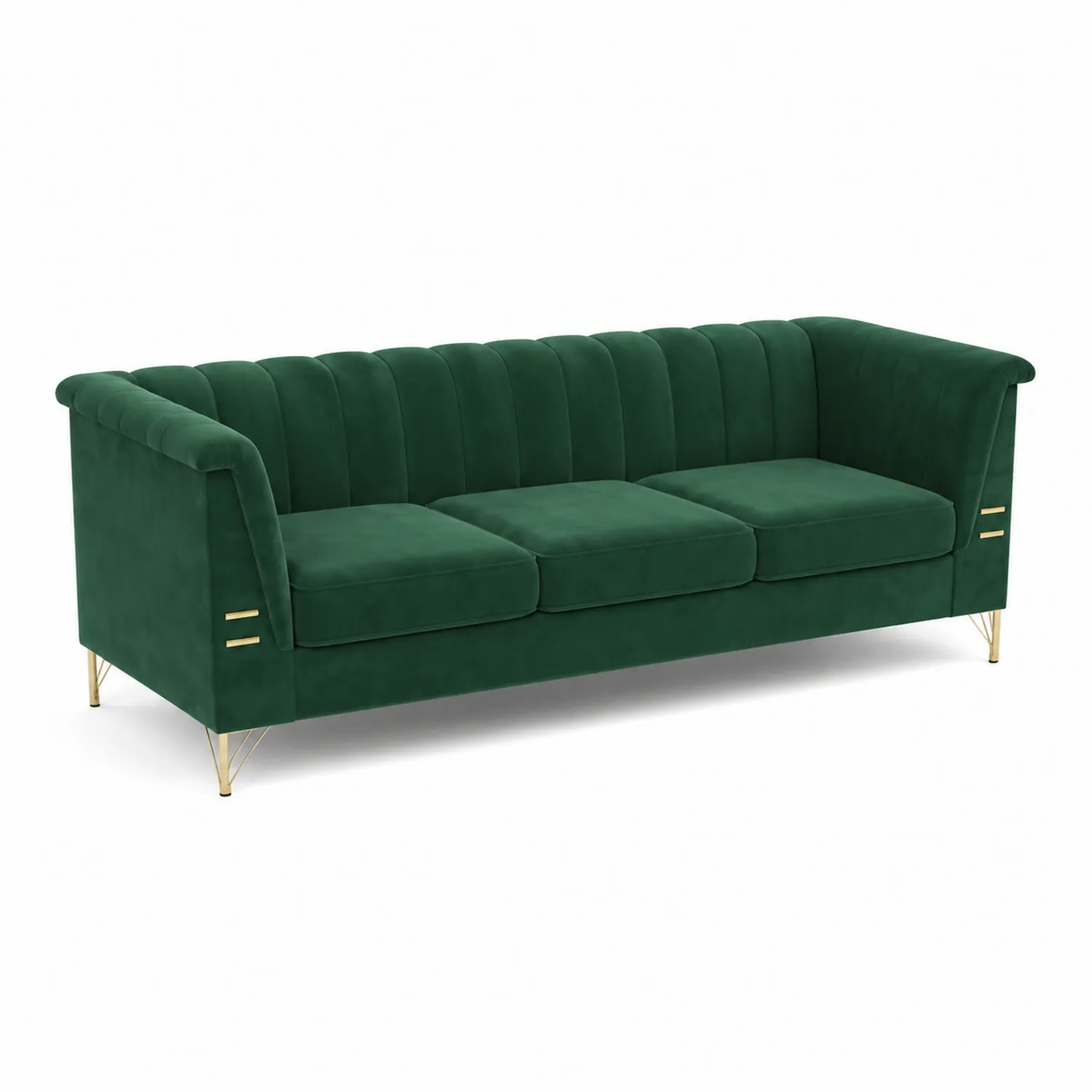 Divano in velluto verde con gambe in metallo dorato