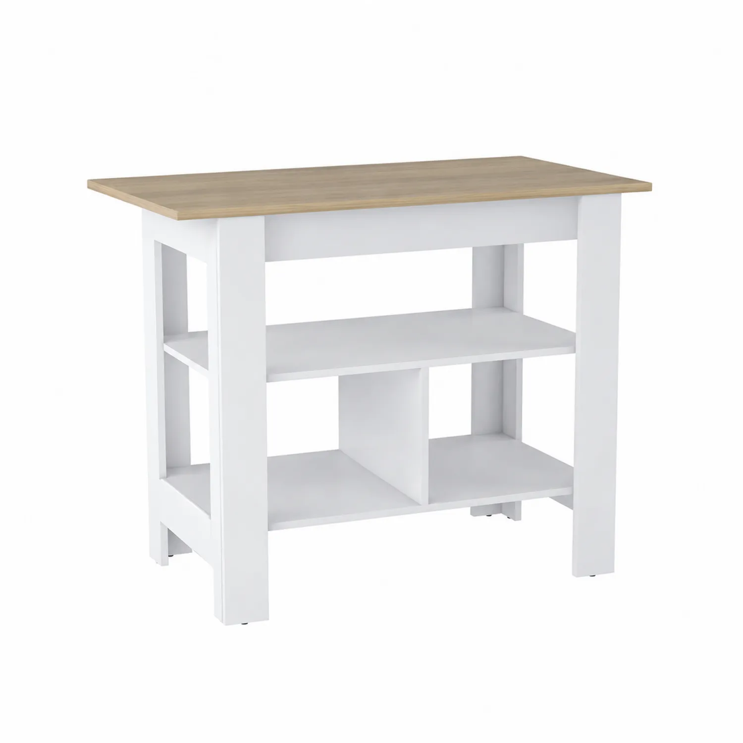 Isola cucina in legno bianco e quercia con ripiani