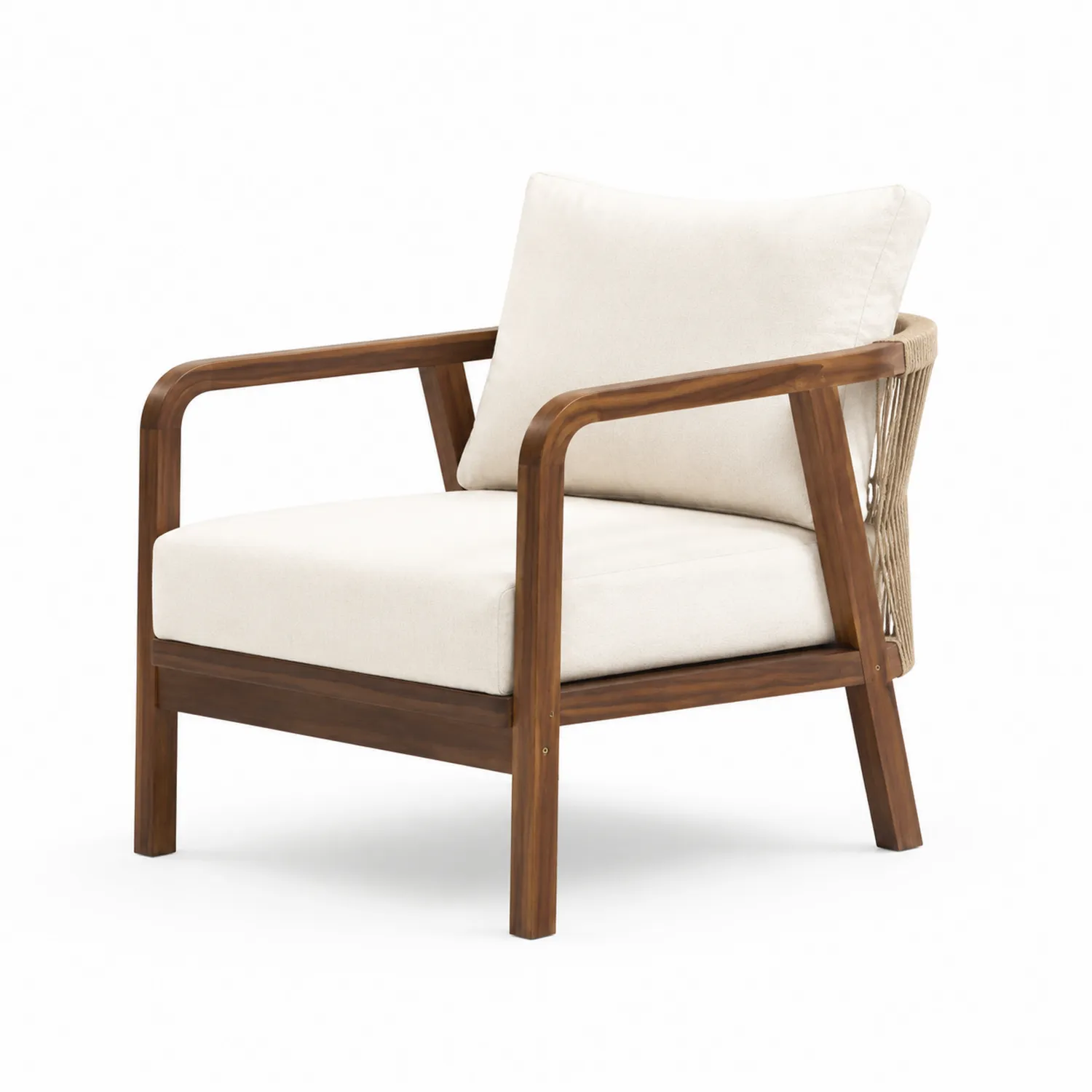 Poltrona da esterno in legno di teak con cuscini crema