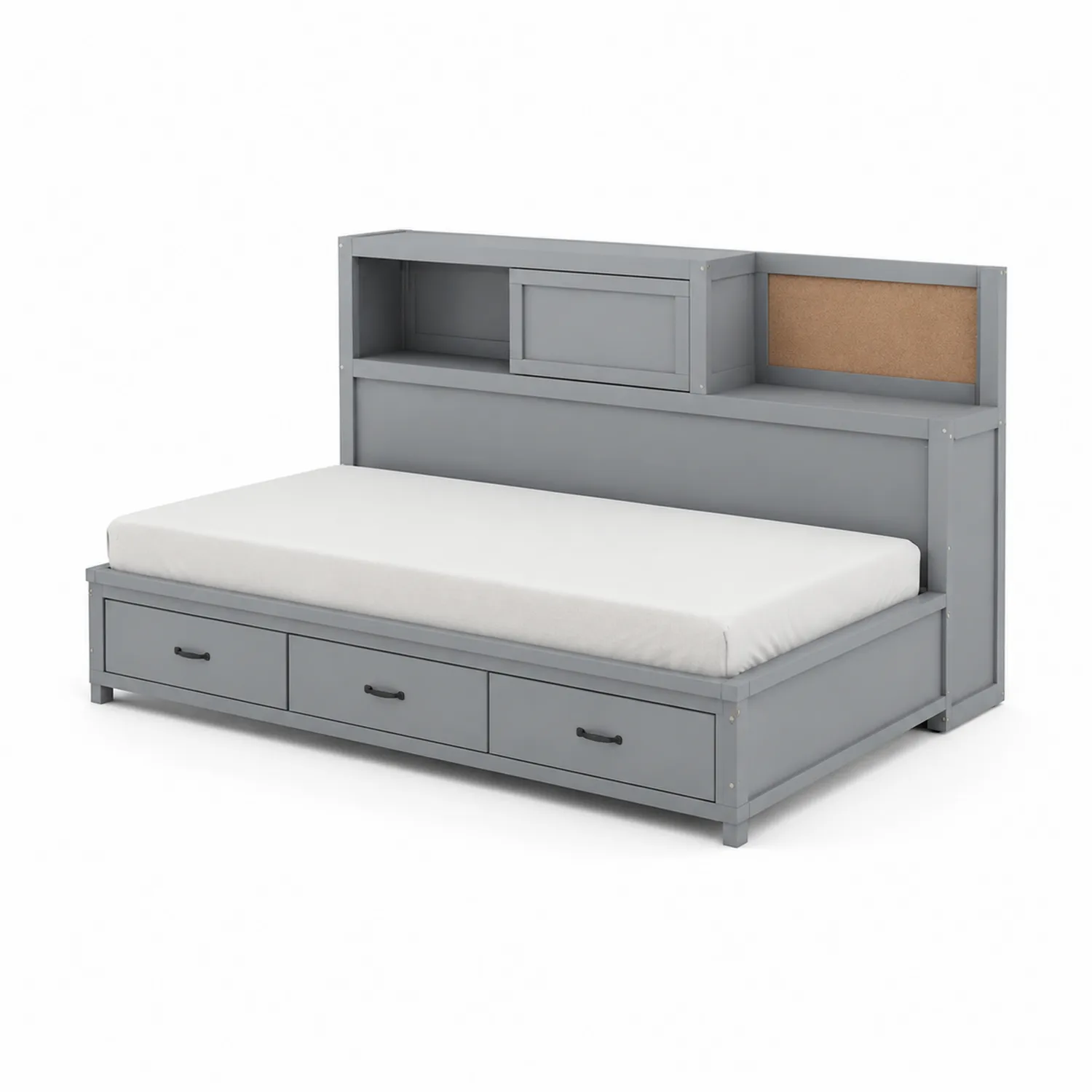 Letto singolo in legno con cassetti e scaffale grigio