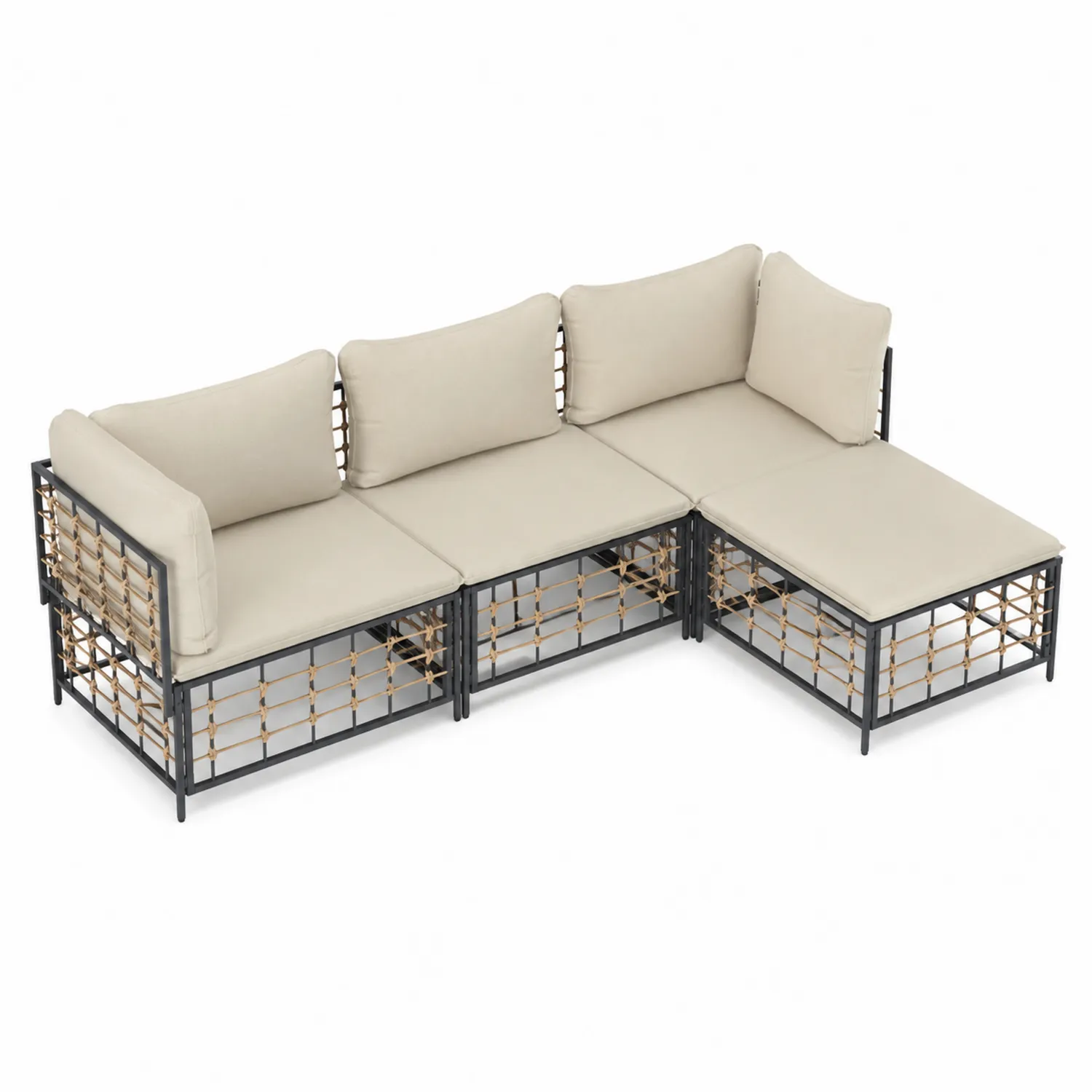 Set divano modulare in metallo e rattan con cuscini in tessuto beige