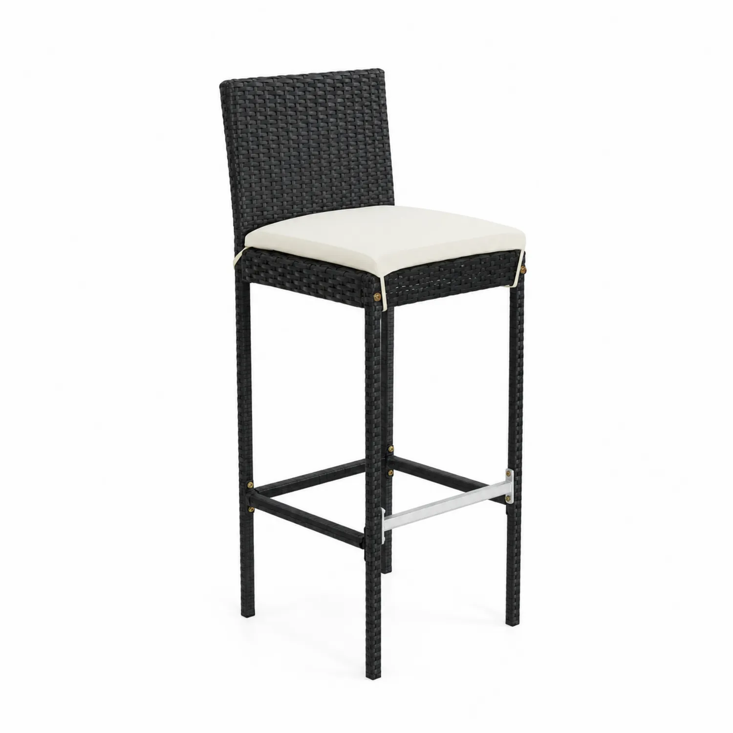 Sgabello in rattan nero con cuscino in poliestere crema