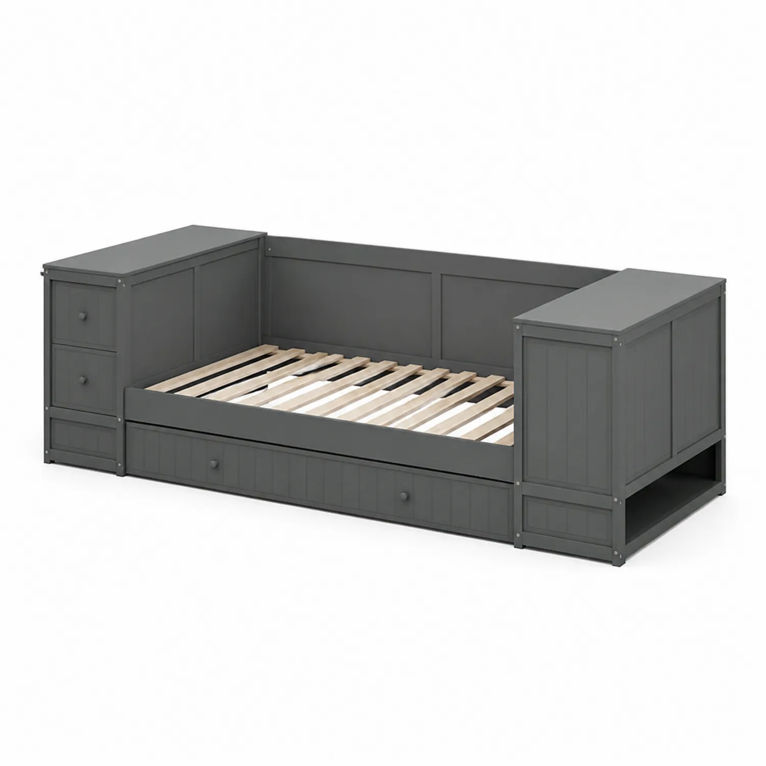 Letto singolo in legno con cassetti e scaffali grigio