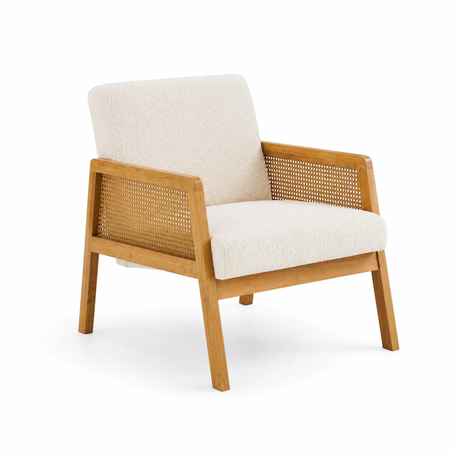 Poltrona in legno di rovere e tessuto bouclé bianco