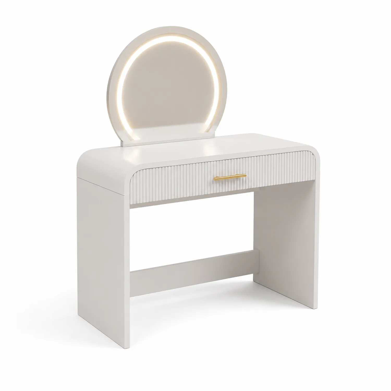 Tavolo da toeletta in MDF con specchio LED e cassetto bianco
