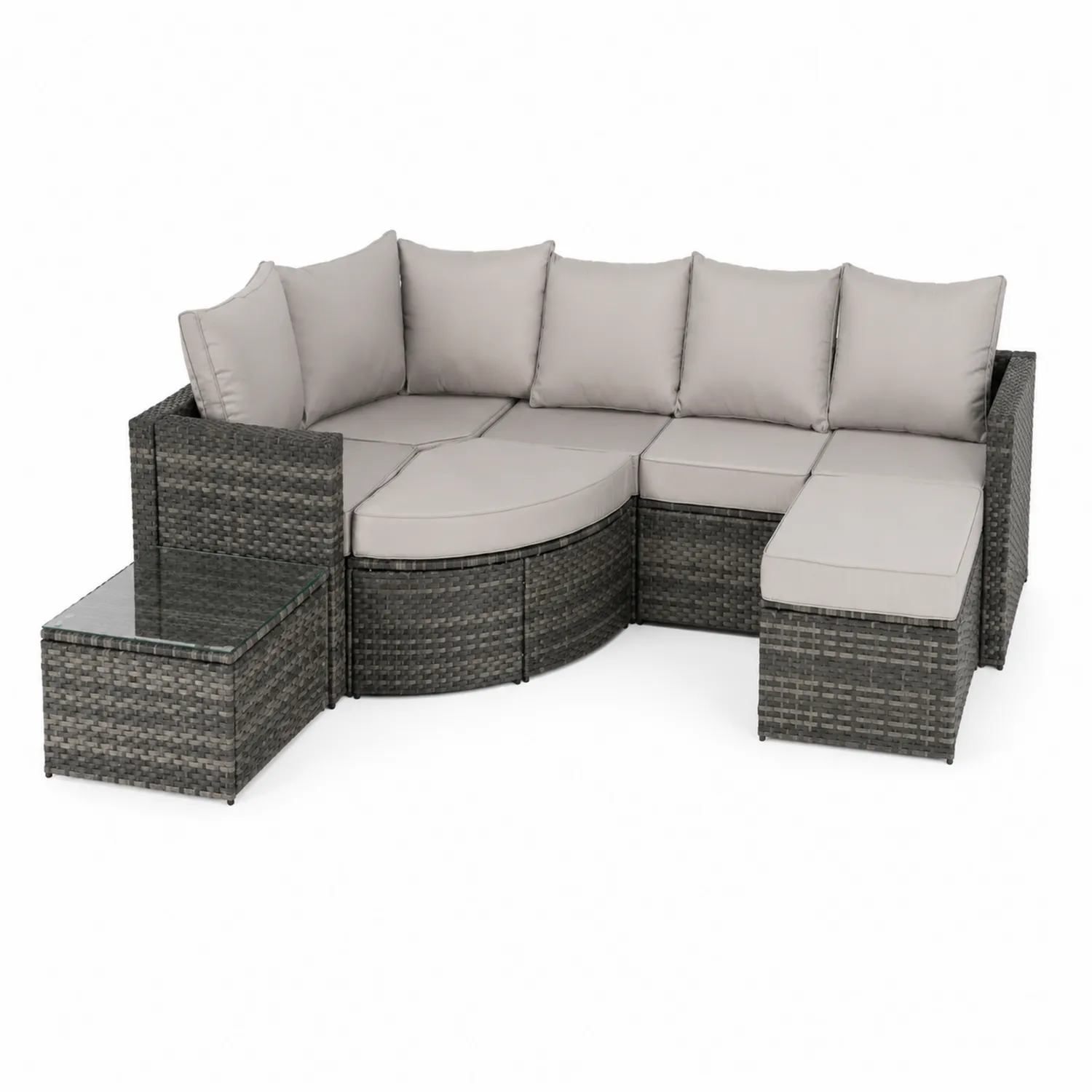 Set Divano Angolare da Giardino in Rattan con Cuscini Grigi e Tavolino di Vetro