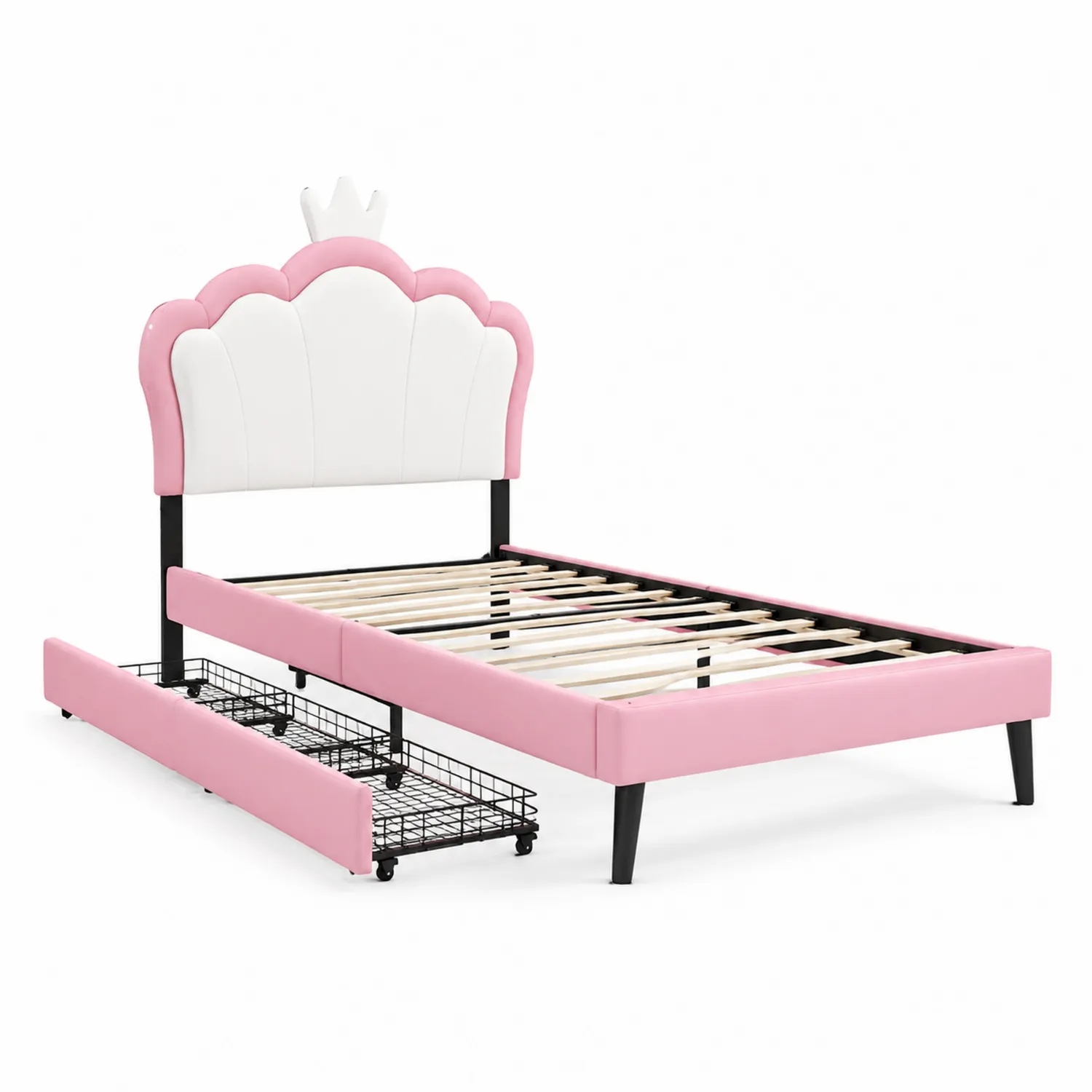 Letto in Metallo per Bambini con Cassetto Estraibile Rosa e Bianco