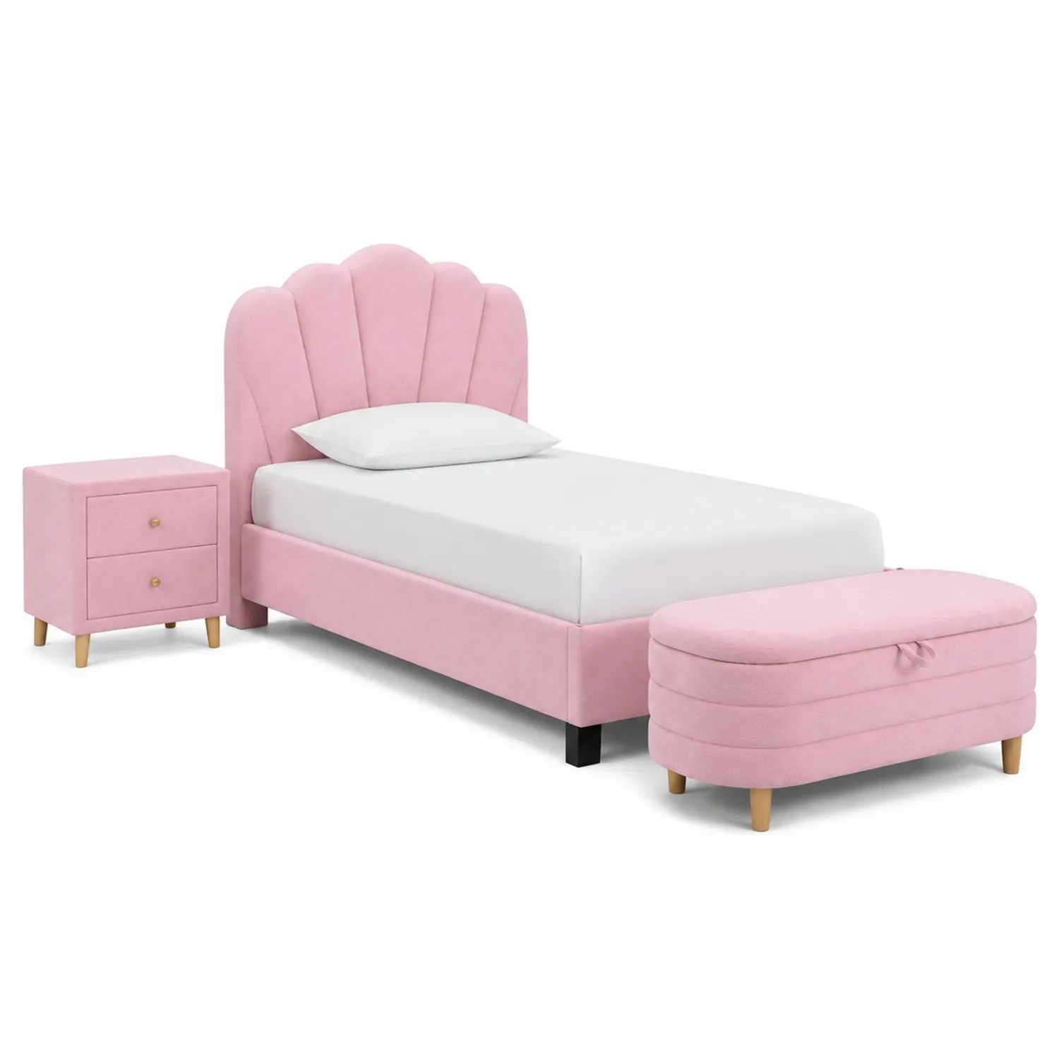 Set Letto per Bambini in Velluto Rosa con Testiera a Conchiglia