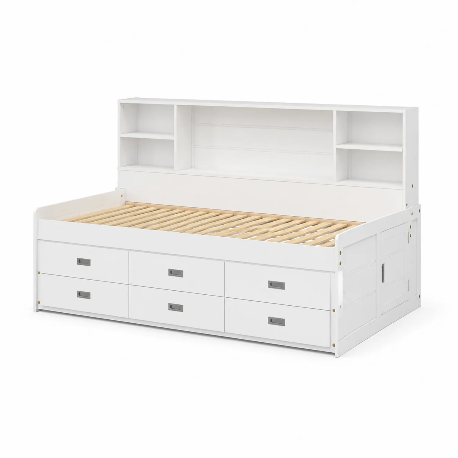 Letto Contenitore Singolo in Legno e MDF con Mensole e Cassetti