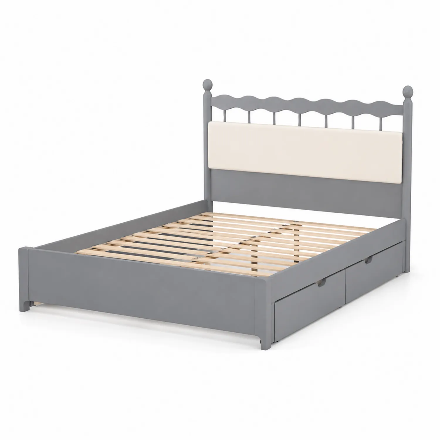 Letto in legno con testiera imbottita grigio e crema 200x160 cm