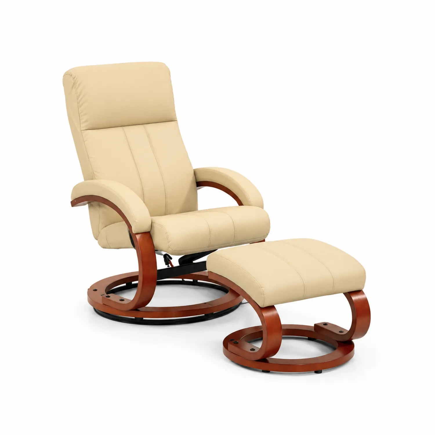 Poltrona reclinabile e poggiapiedi in similpelle con base in legno curvato Beige
