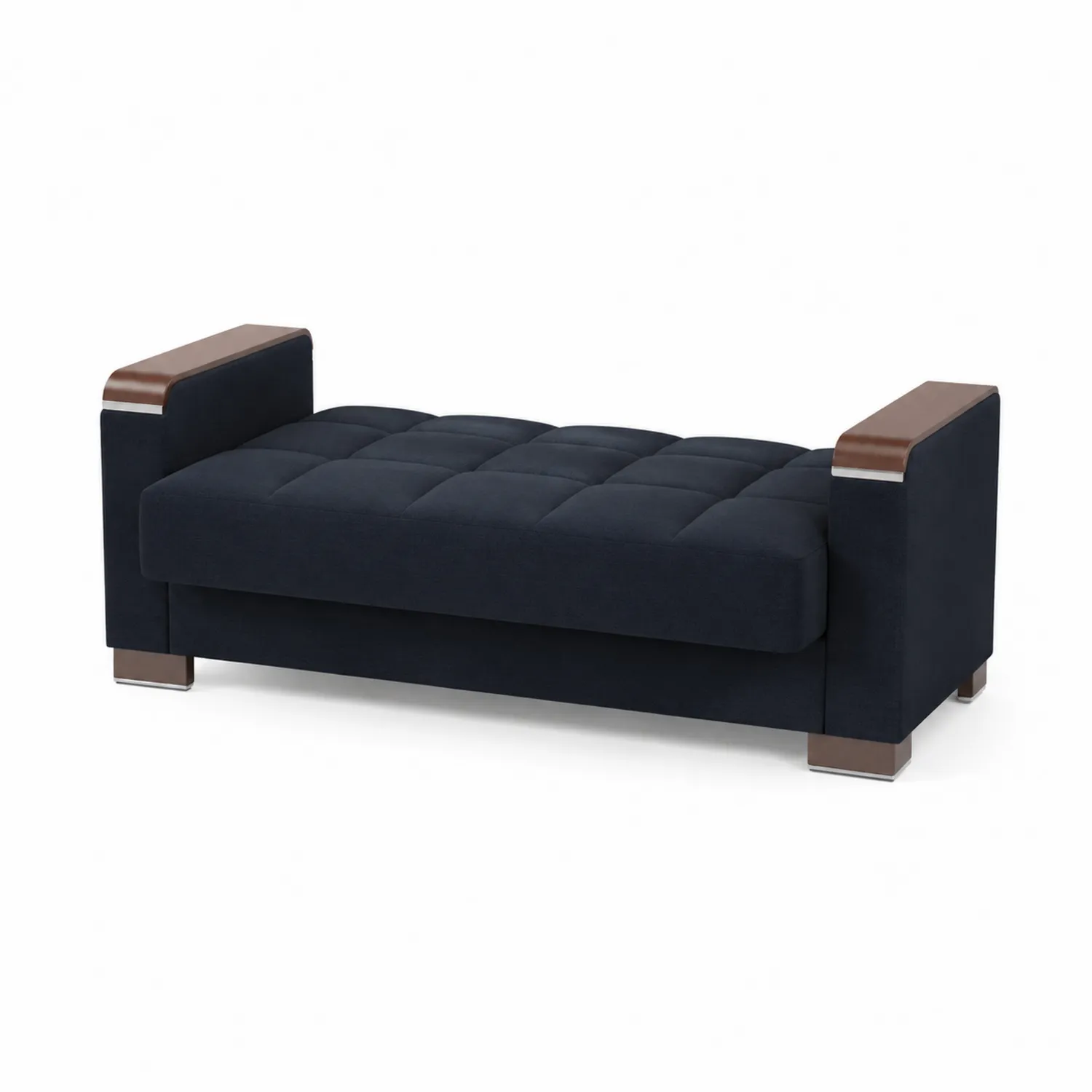 Divano letto in tessuto blu con braccioli in legno