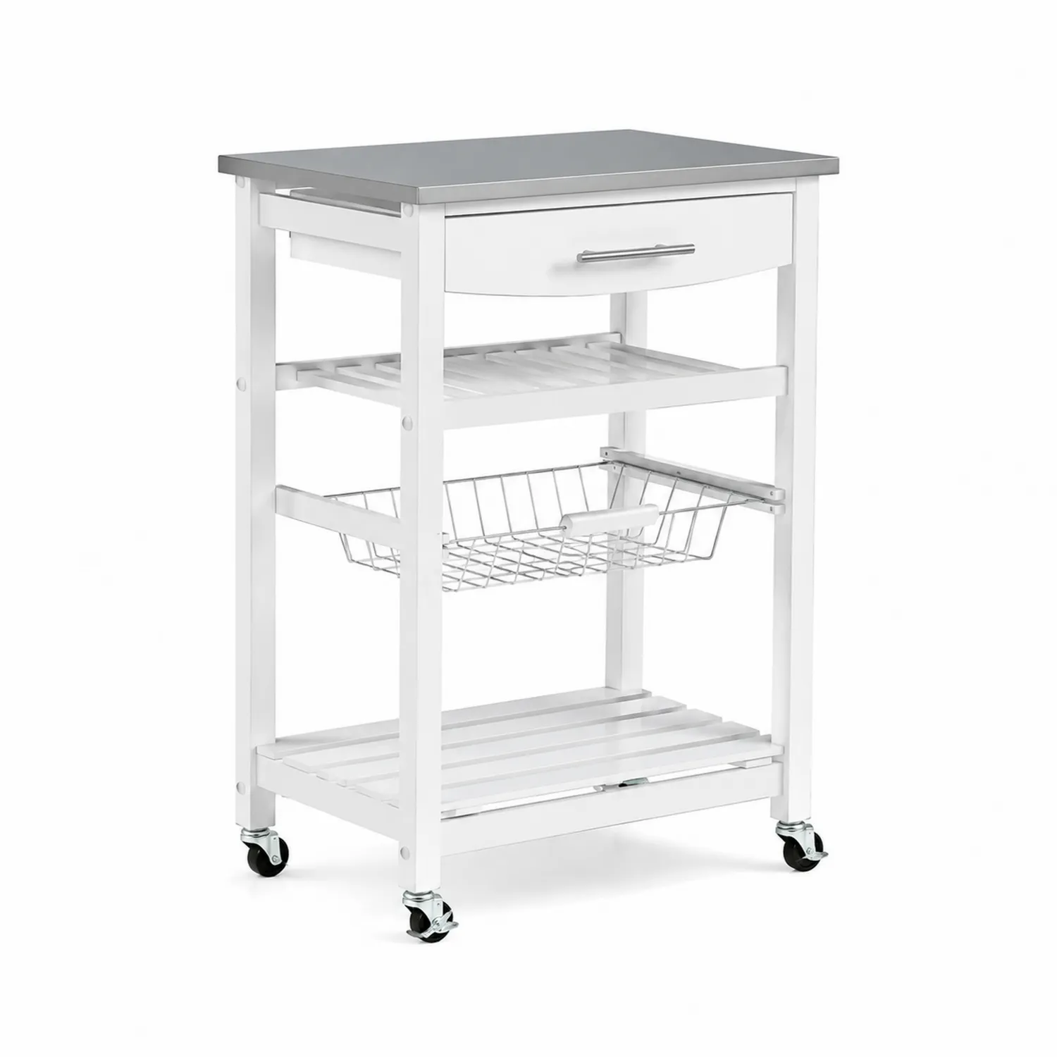 Carrello da Cucina Bianco con Piano in Acciaio e Cassetto
