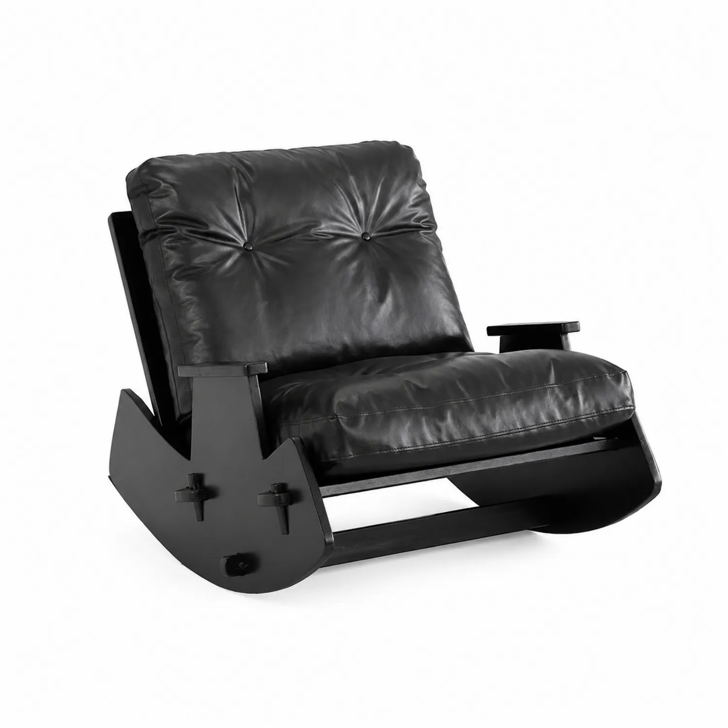 Sedia a dondolo in pelle sintetica nera con struttura in legno