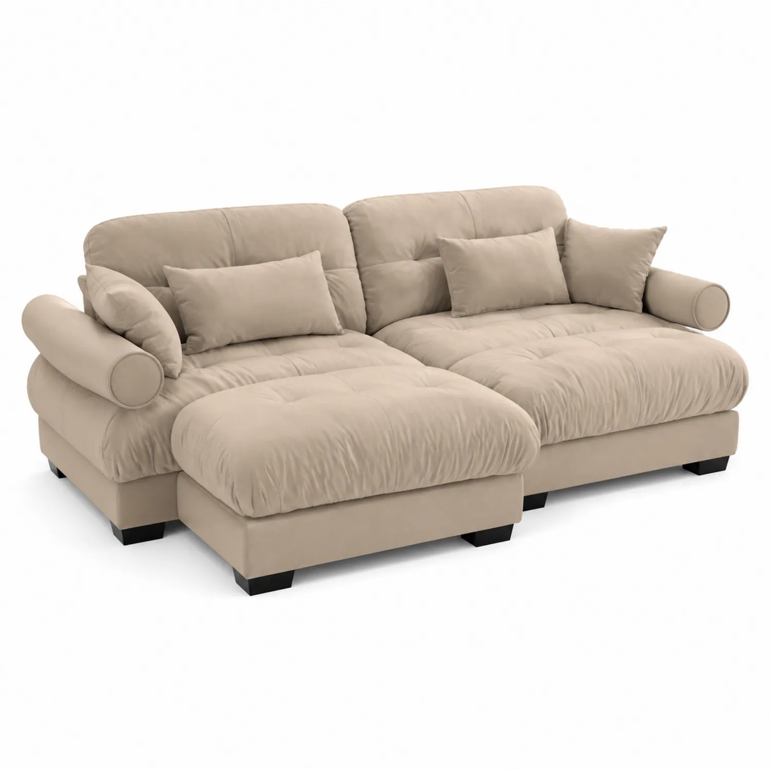 Divano Angolare in Microfibra Beige con Chaise Longue e Cuscini