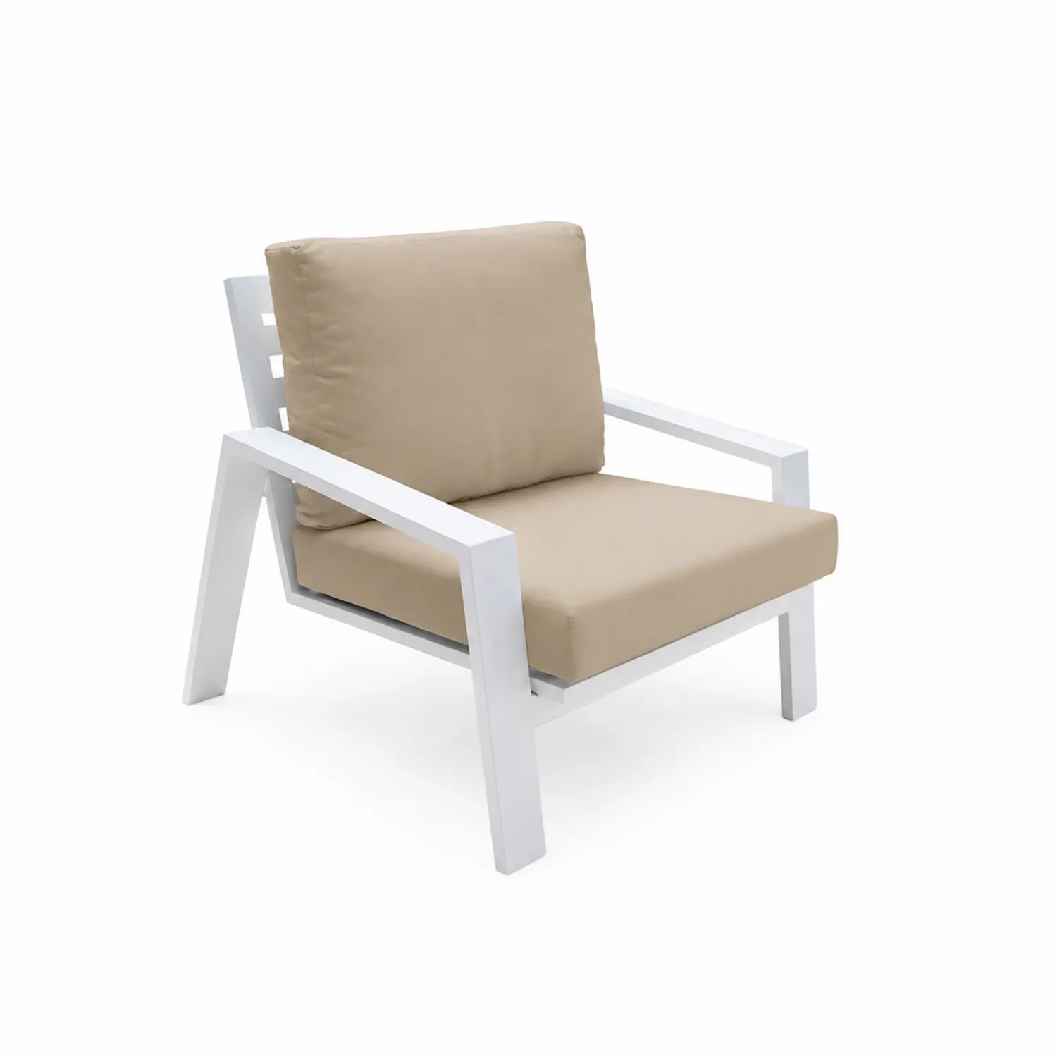 Poltrona da esterno in alluminio bianco con cuscini in tessuto beige
