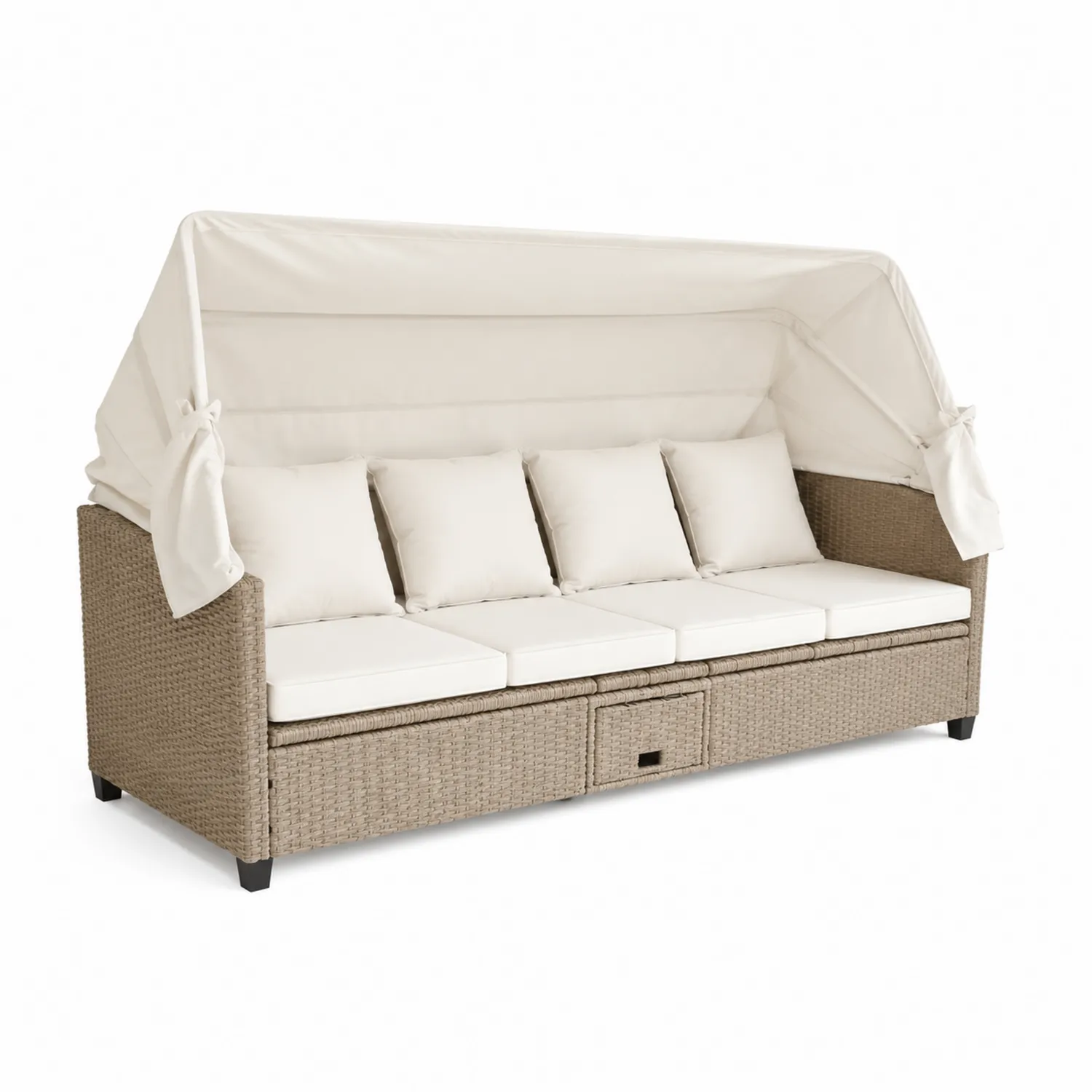 Divano da Esterno in Rattan con Tettoia e Cuscini Crema