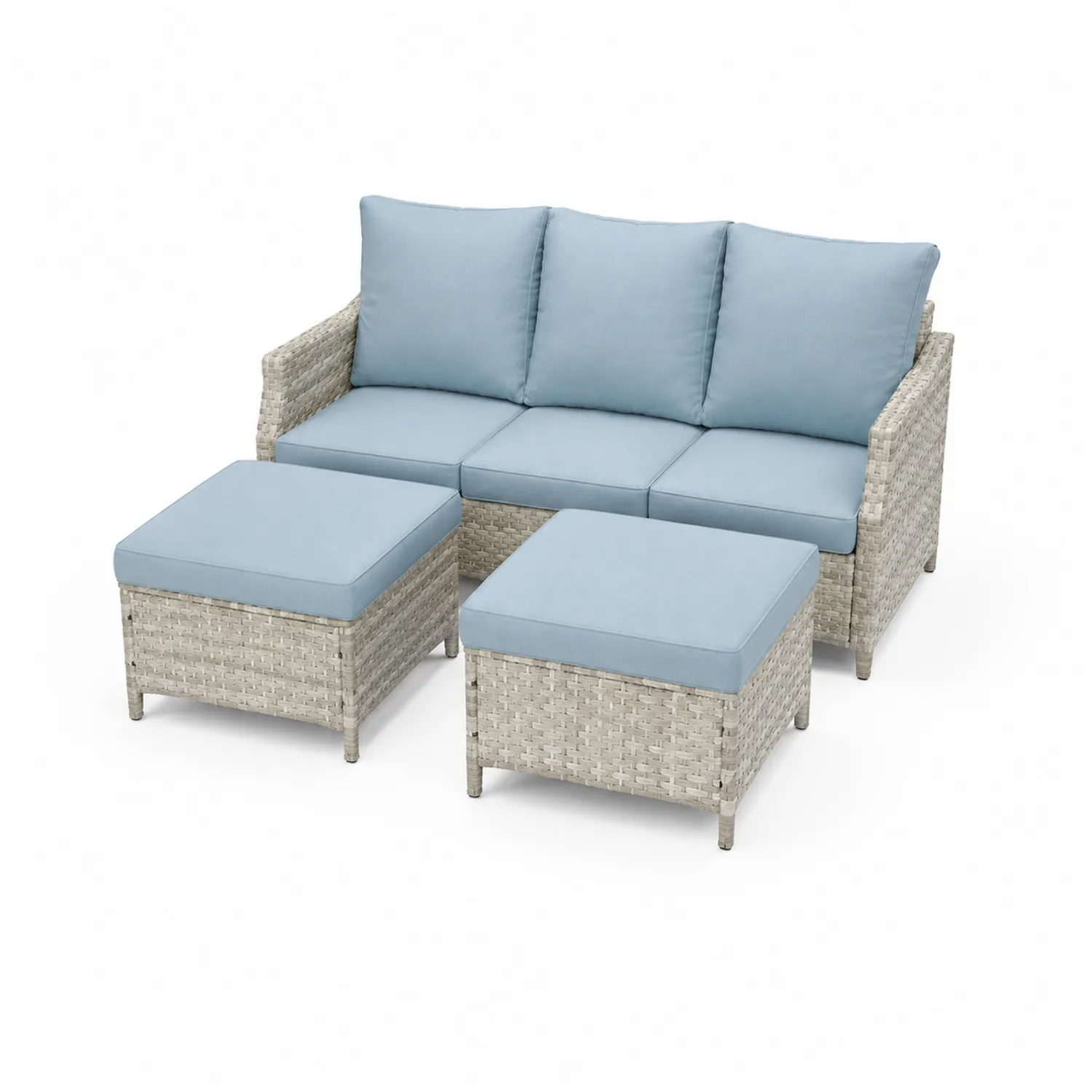 Set divano da giardino in rattan sintetico con cuscini blu chiaro