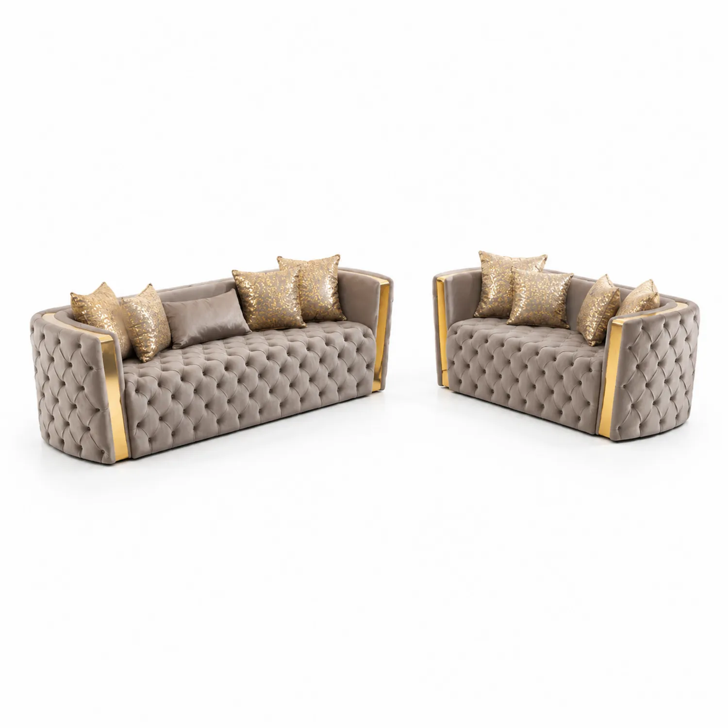 Set Divano 3+2 Posti in Velluto e Metallo Dorato