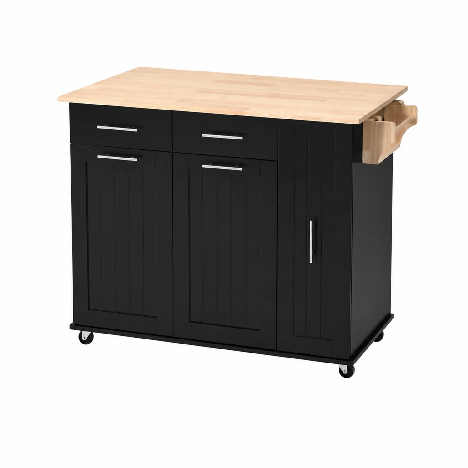 Carrello da Cucina Nero con Piano in Legno e Ruote