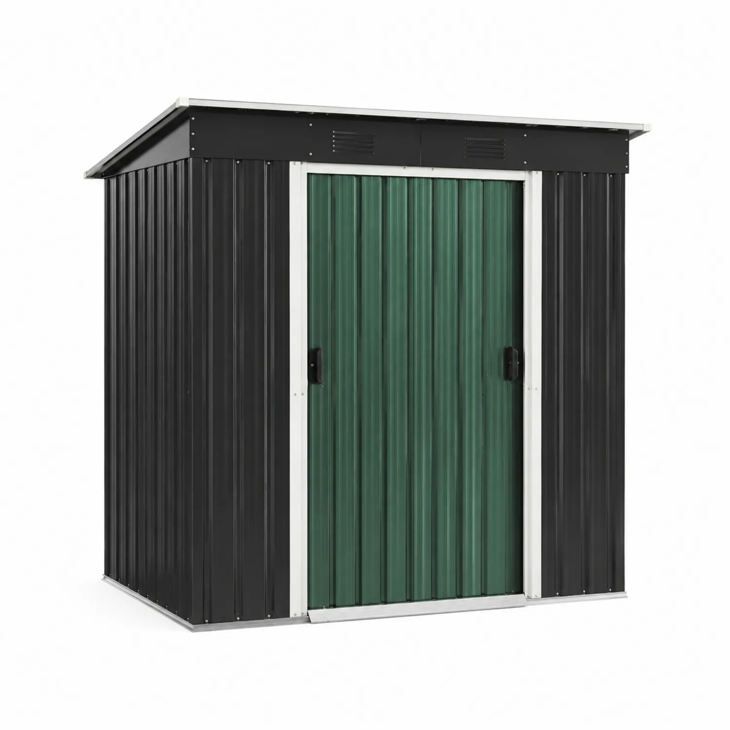 Capanno in metallo zincato verde e nero con porta scorrevole