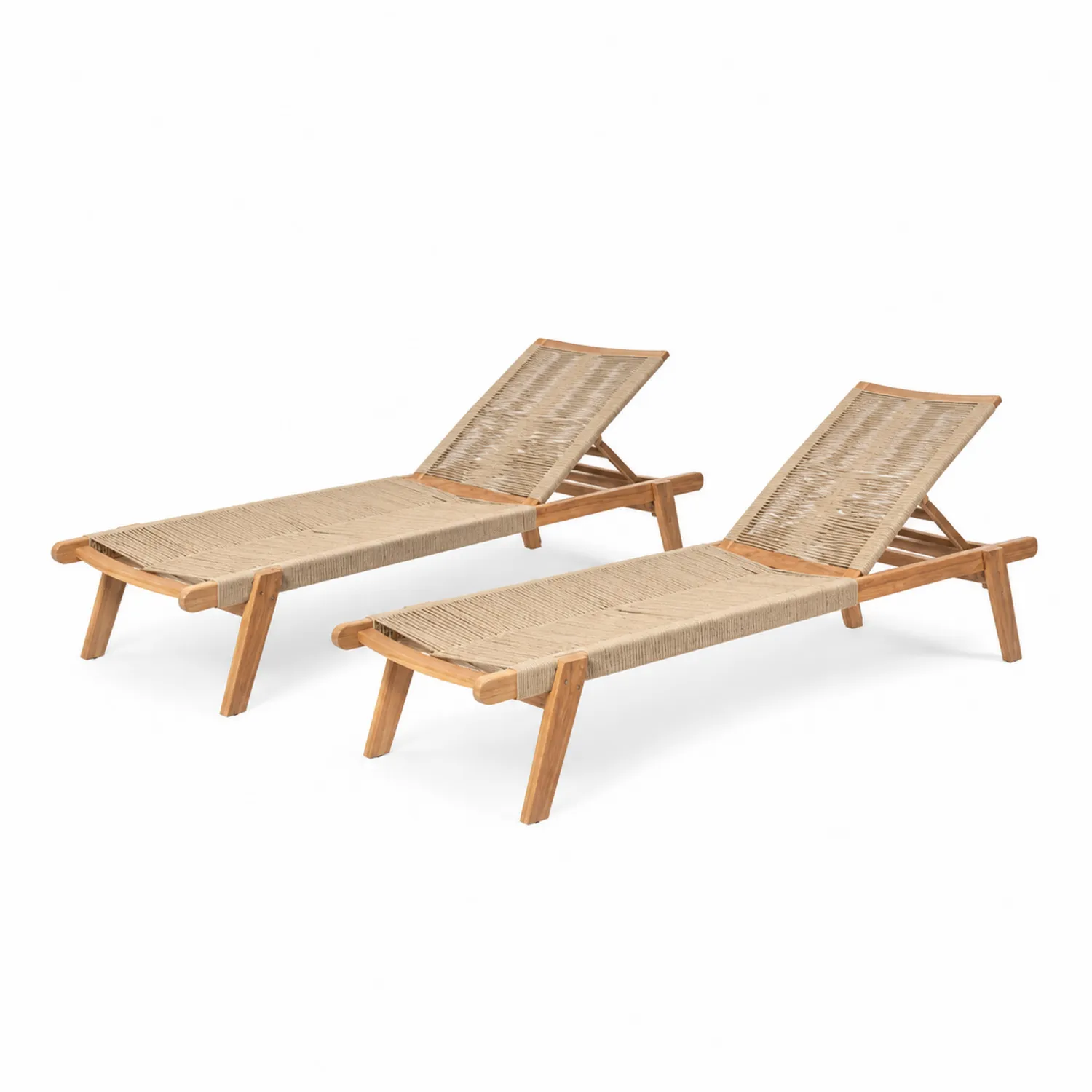 Coppia di Lettini Prendisole in Legno di Teak e Corda