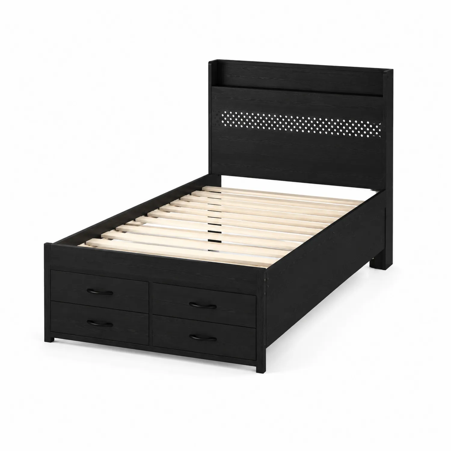 Letto Singolo con Cassetti in Legno Nero