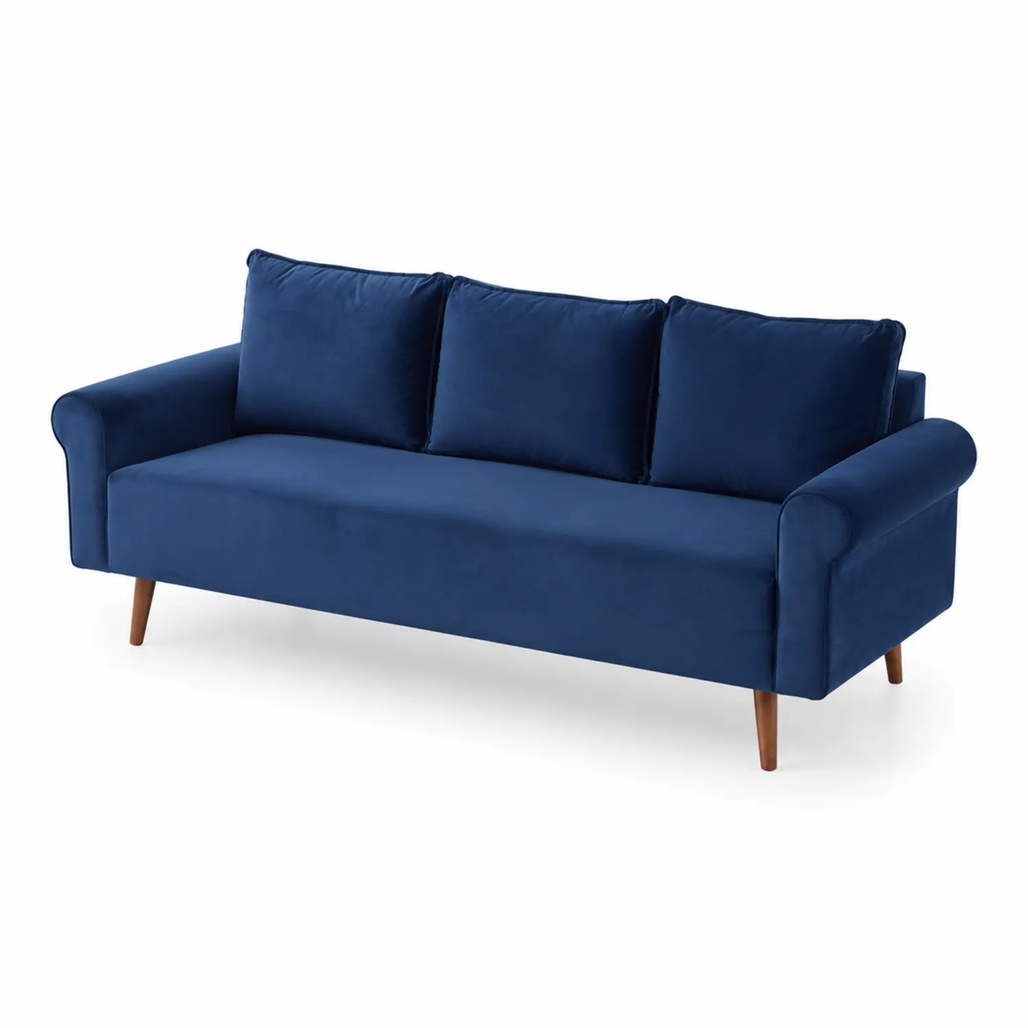 Divano 3 posti in velluto blu con gambe in legno
