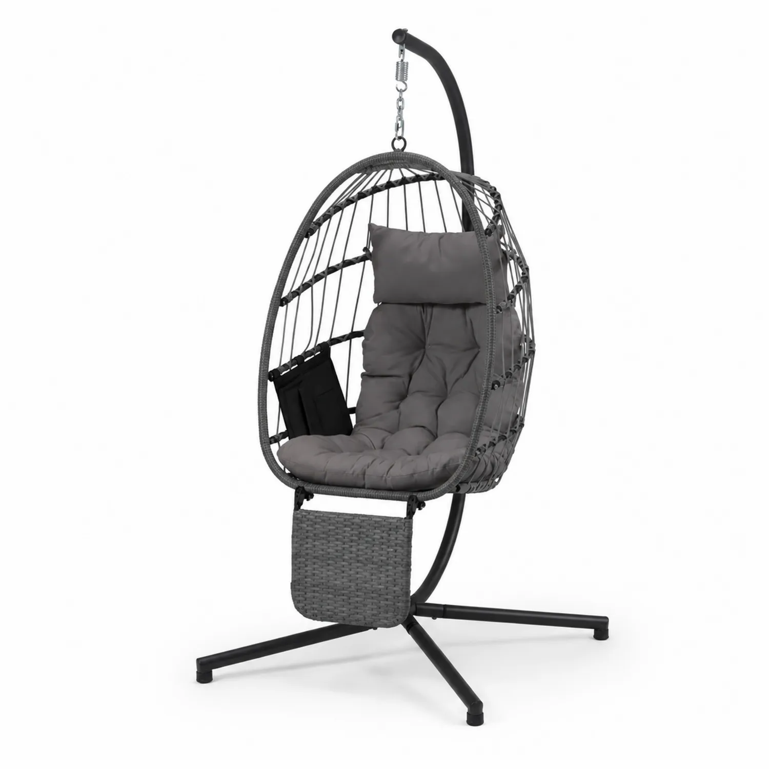 Sedia Pensile in Acciaio con Rattan Sintetico e Cuscino Grigio