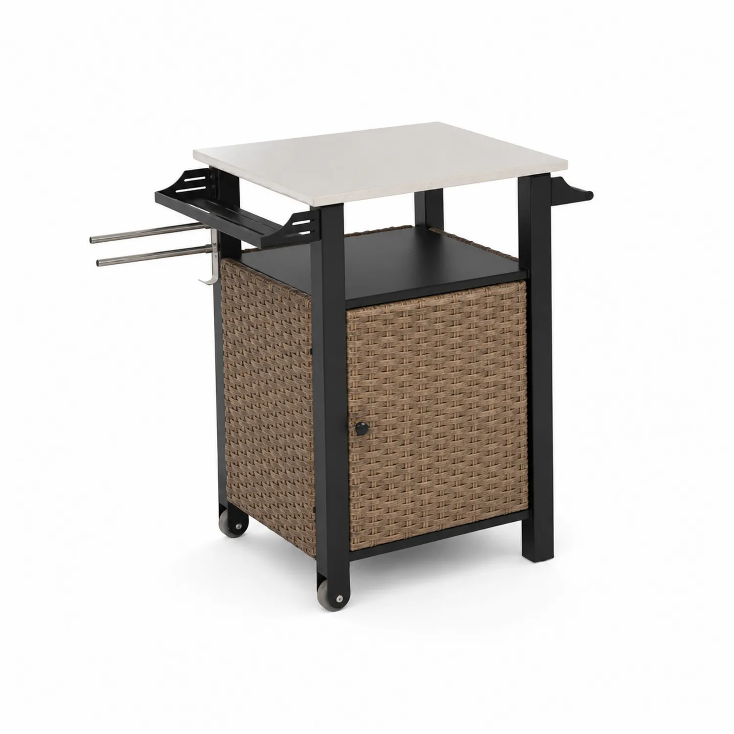 Carrello da Cucina in Acciaio con Marmo e Rattan Sintetico