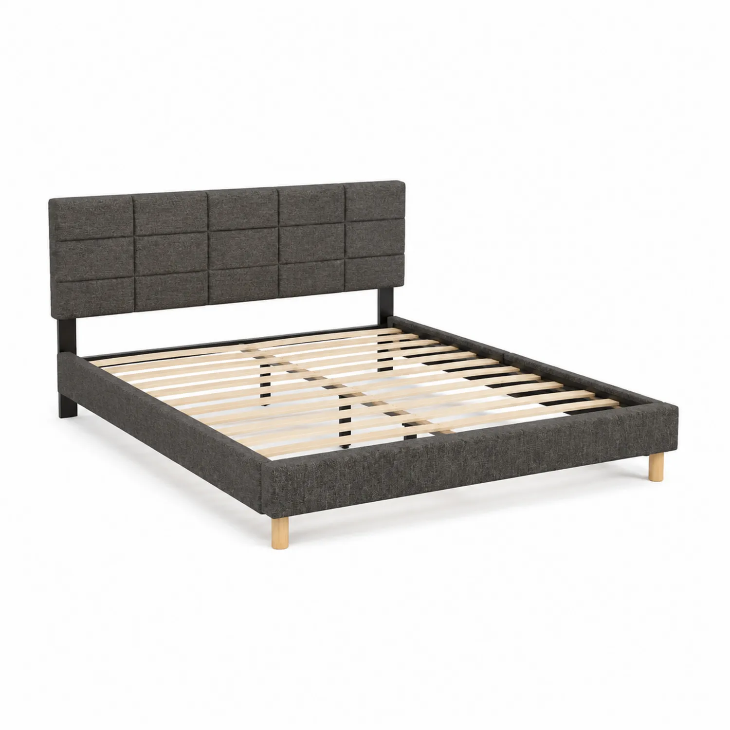 Letto matrimoniale in tessuto grigio scuro con testiera imbottita