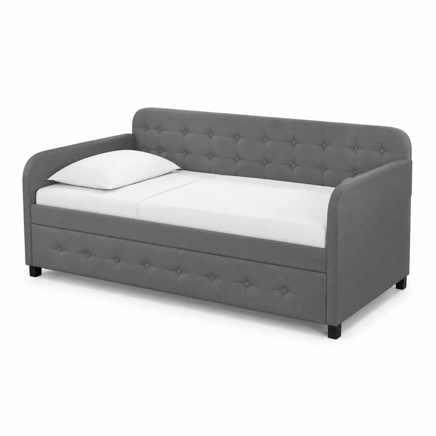 Daybed in legno e velluto grigio con schienale imbottito