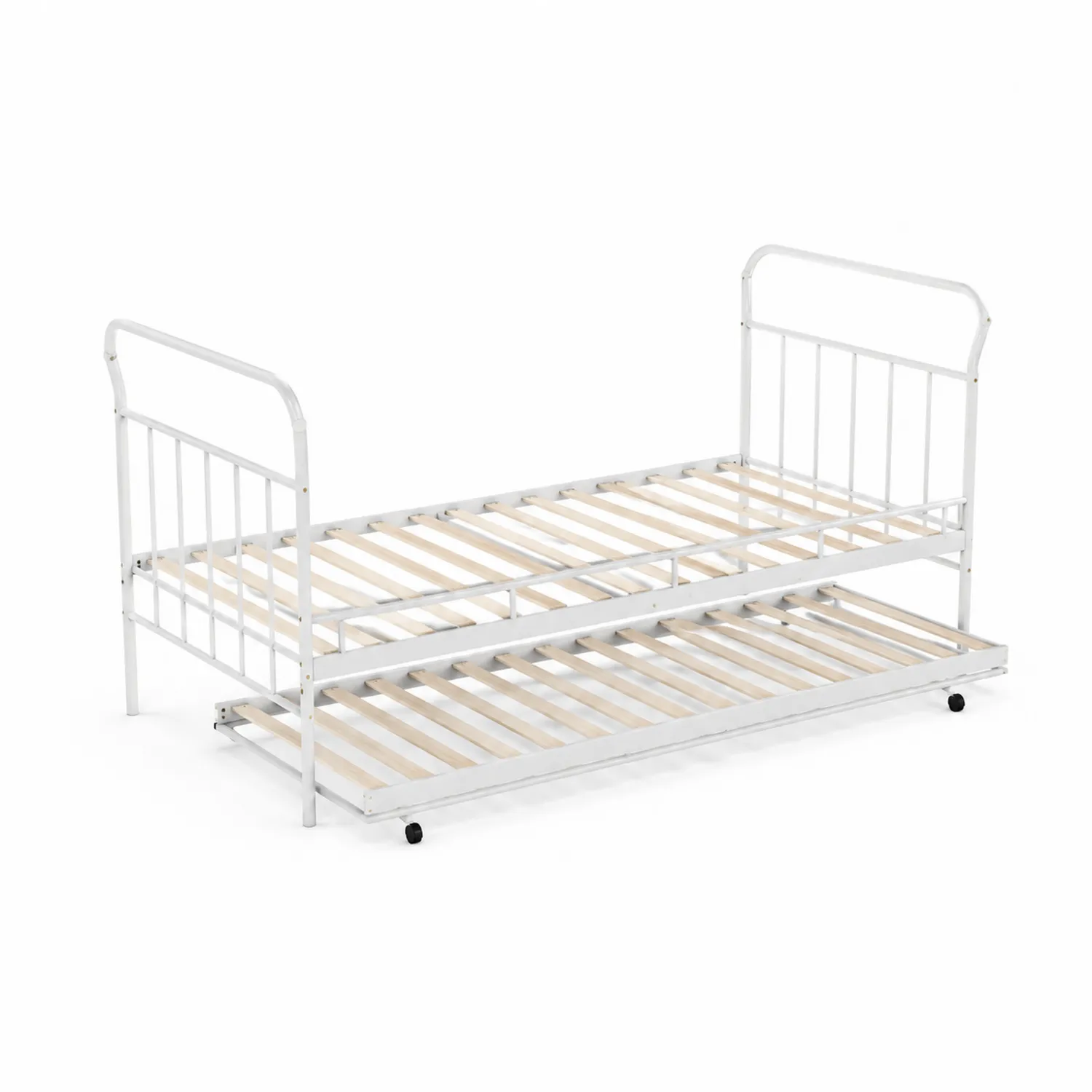 Letto singolo con letto estraibile in metallo e legno, Bianco