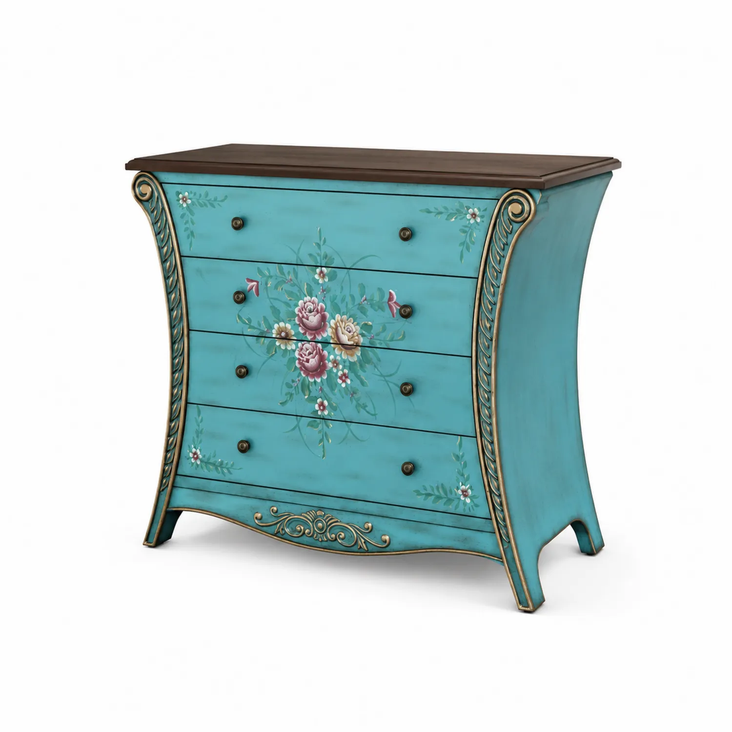Cassettiera curva in legno con decorazione floreale dipinta a mano, blu