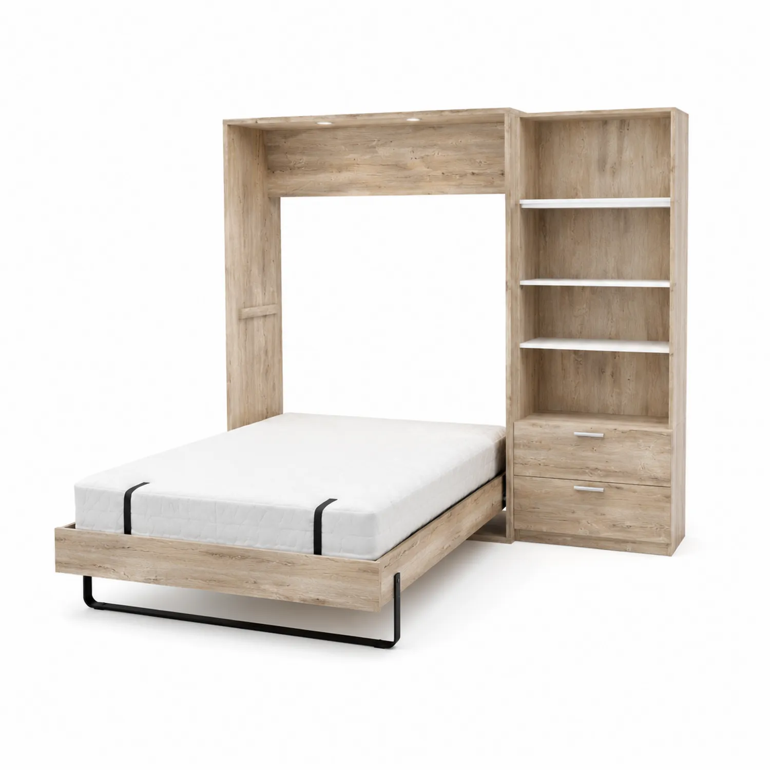 Letto a scomparsa in legno con mensole integrate e materasso