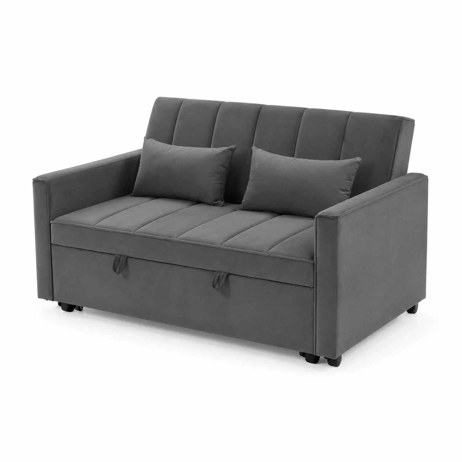 Divano letto in velluto grigio con cuscini
