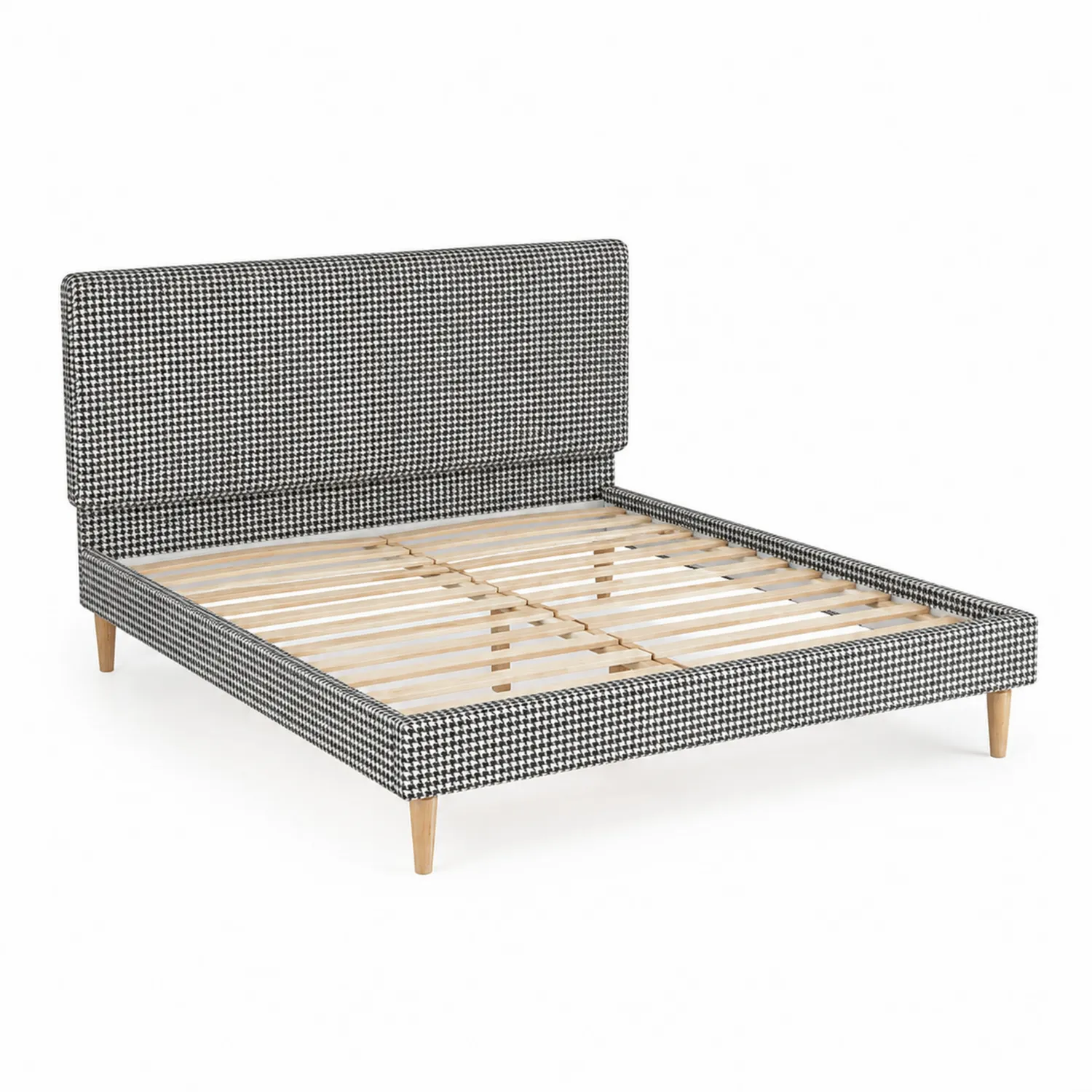 Letto matrimoniale in tessuto pied de poule con struttura in legno
