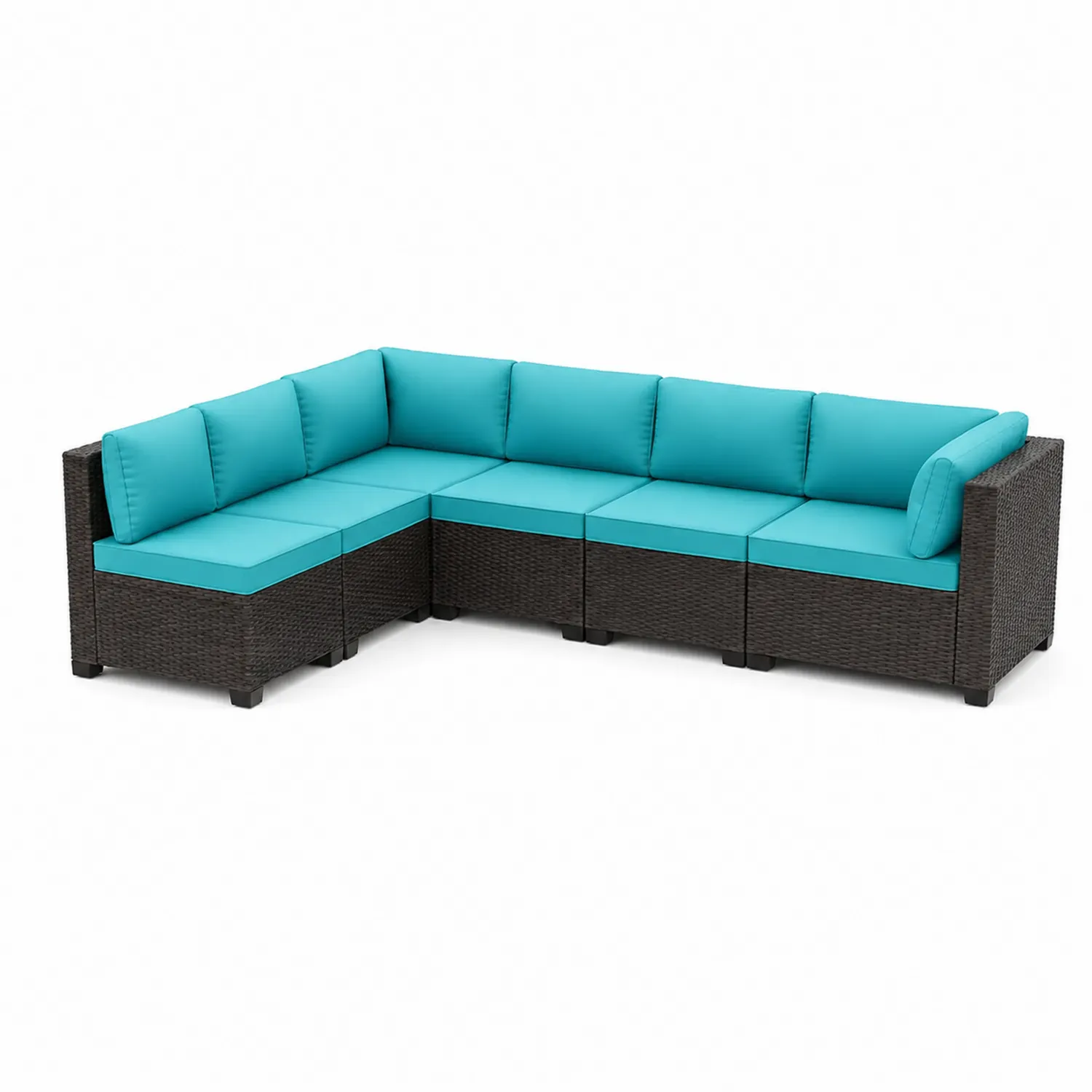 Divano angolare modulare in rattan con cuscini turchesi