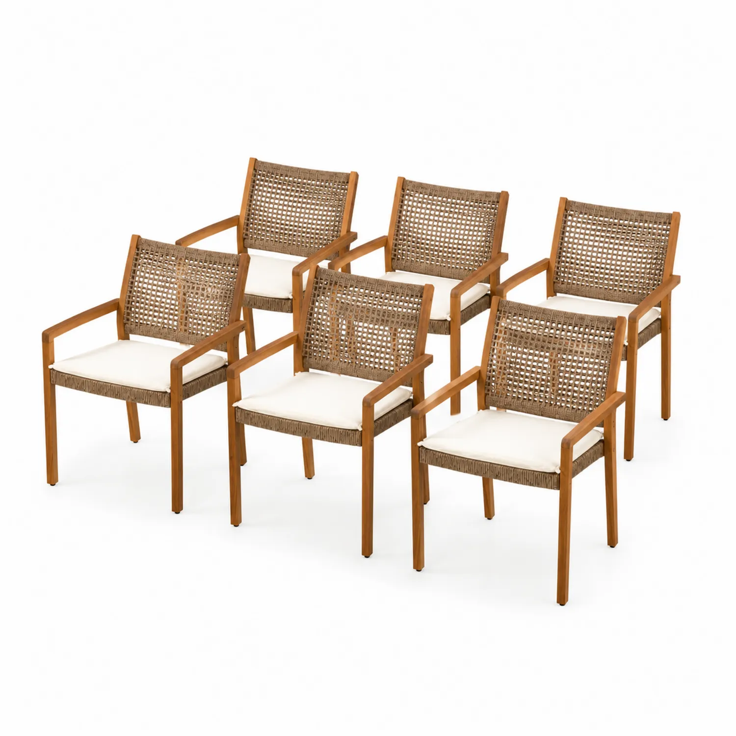 Set di 6 sedie in legno e rattan con cuscini bianchi