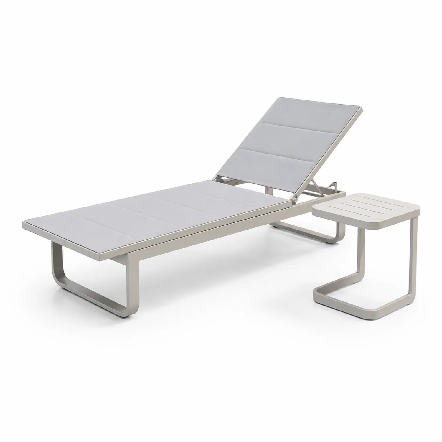 Lettino prendisole in alluminio e tessuto grigio con tavolino