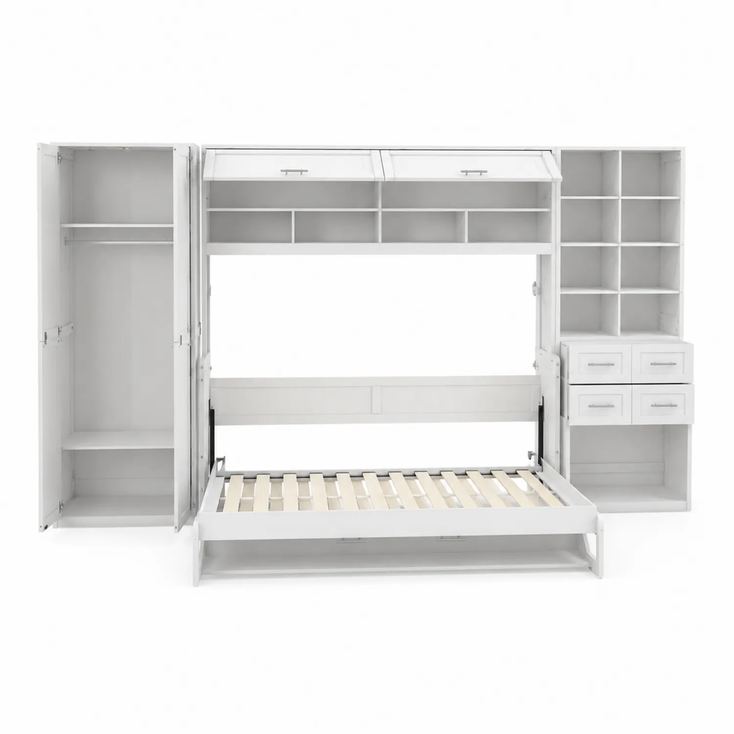 Letto Contenitore Matrimoniale Bianco con Armadio e Scaffali Integrati in Legno MDF