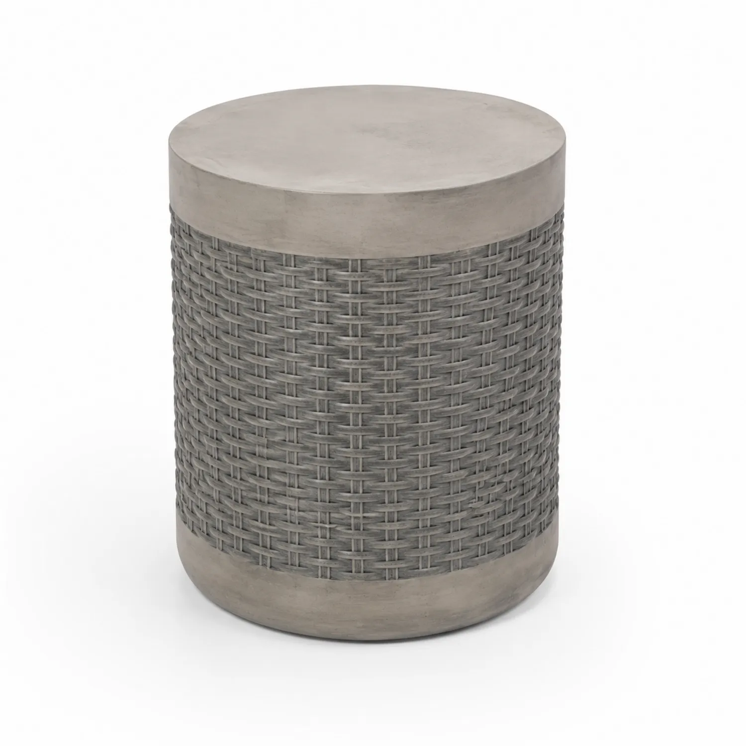 Tavolino cilindrico in cemento e rattan sintetico grigio