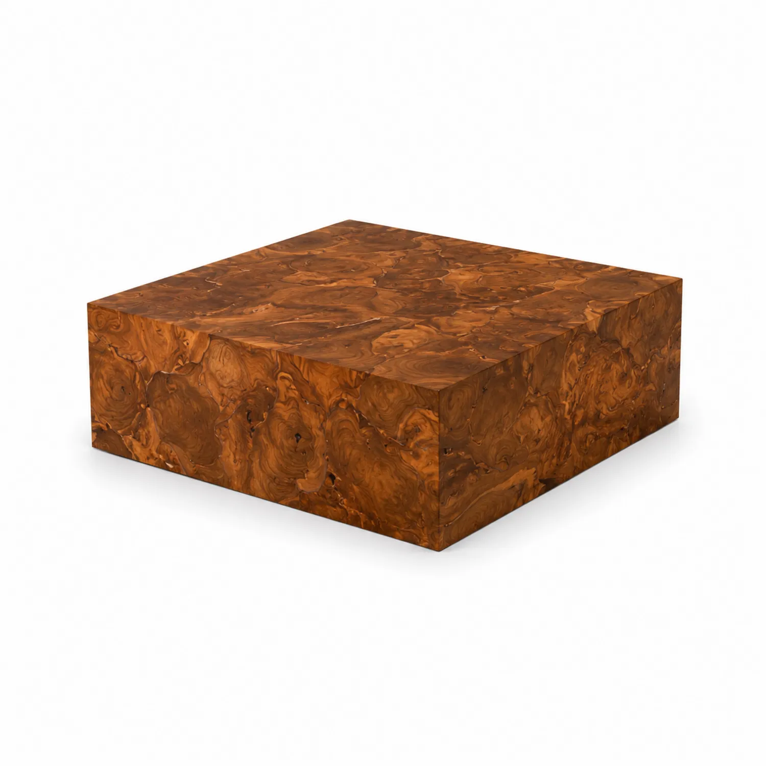 Tavolino da caffè cubico in radica marrone 80x80x30 cm