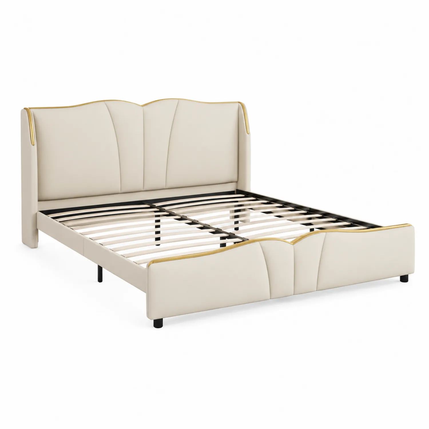 Cama tapizada en cuero sintético beige con detalles dorados 200x160 cm